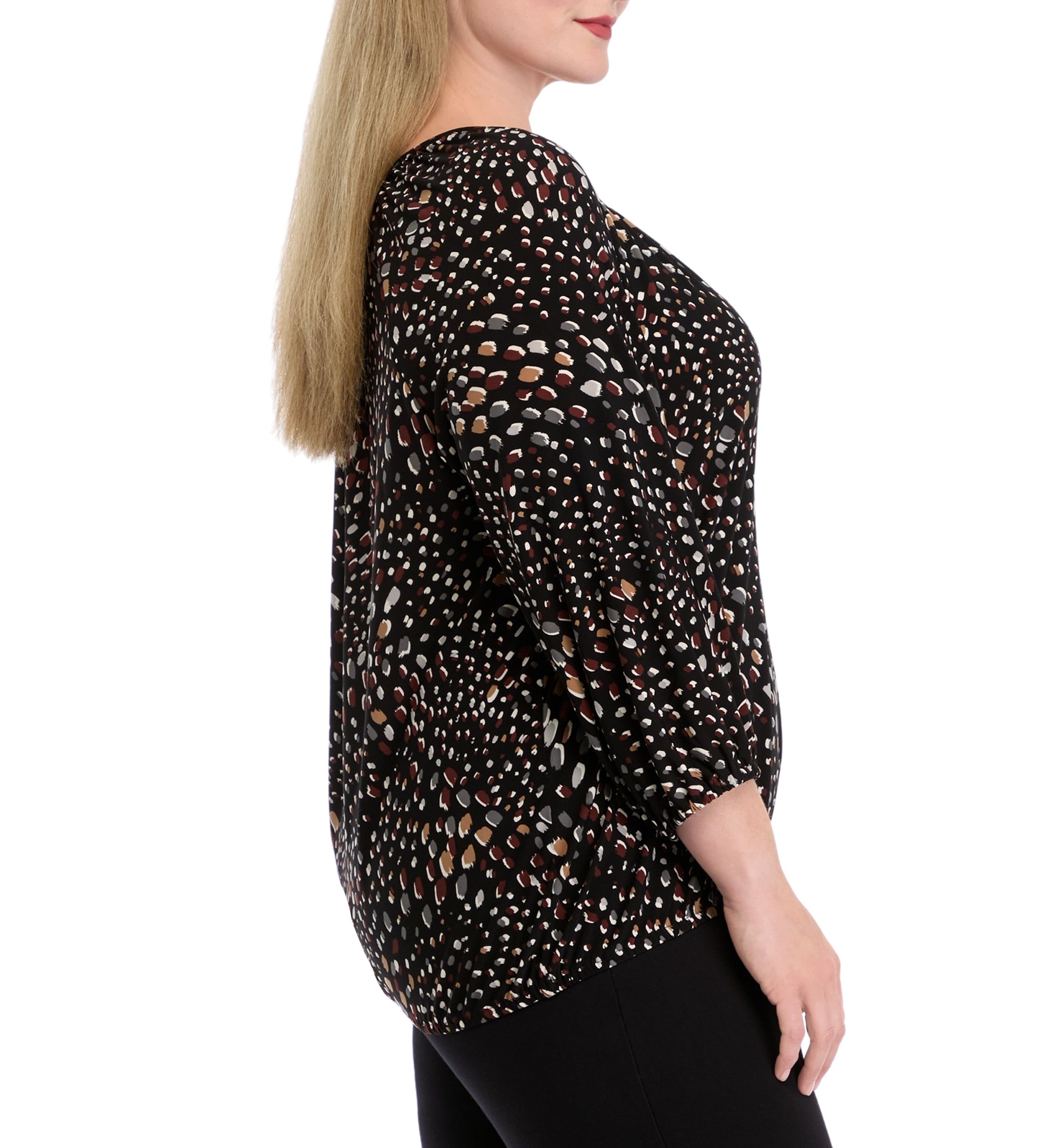 Plus Size Printed 2/4 Sleeve Shirred Peasant Top with Elastic Hem