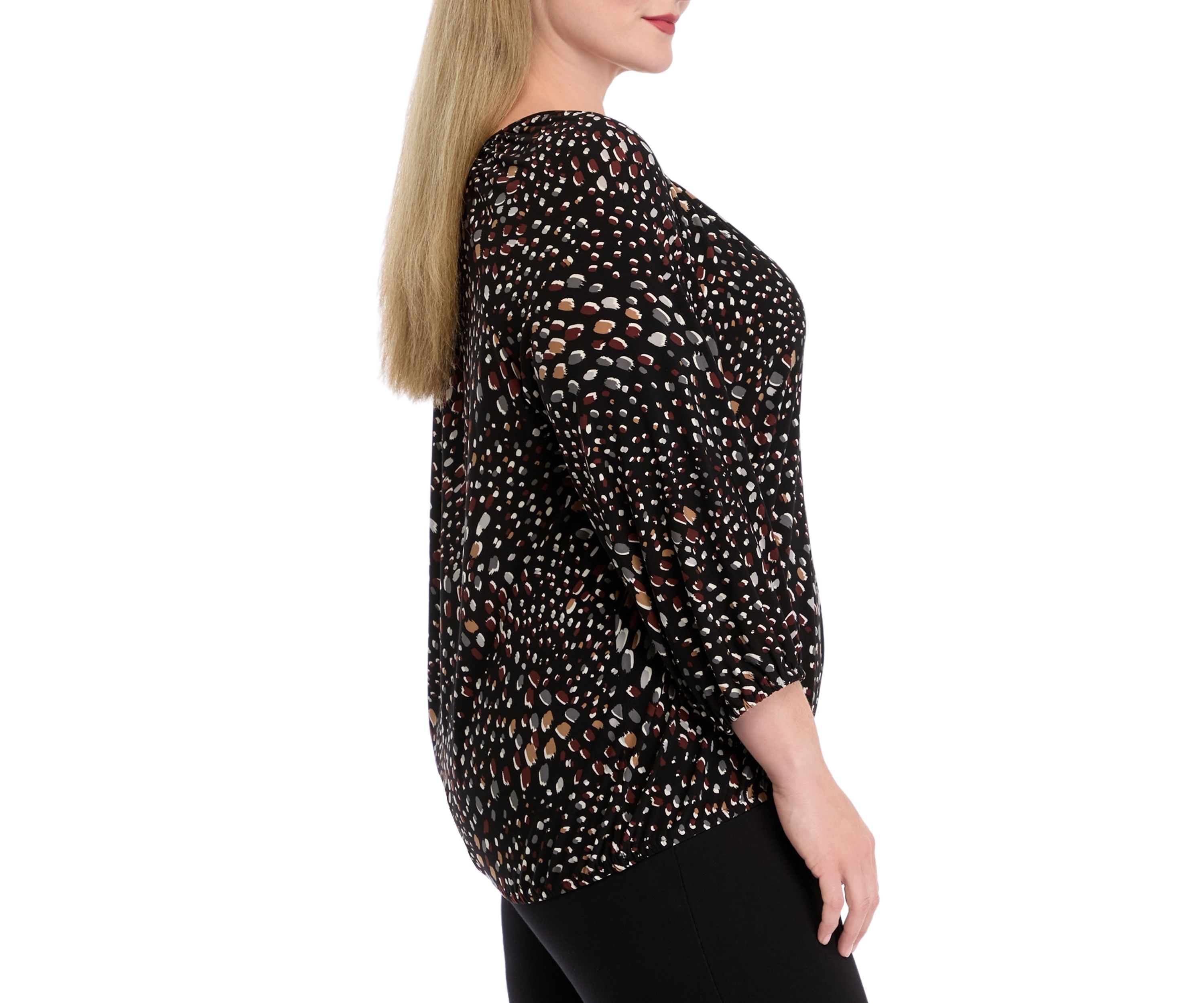 Plus Size Printed 2/4 Sleeve Shirred Peasant Top with Elastic Hem