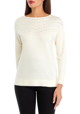AK Anne Klein Women's Long Sleeve Boat Neck Shine Sweater