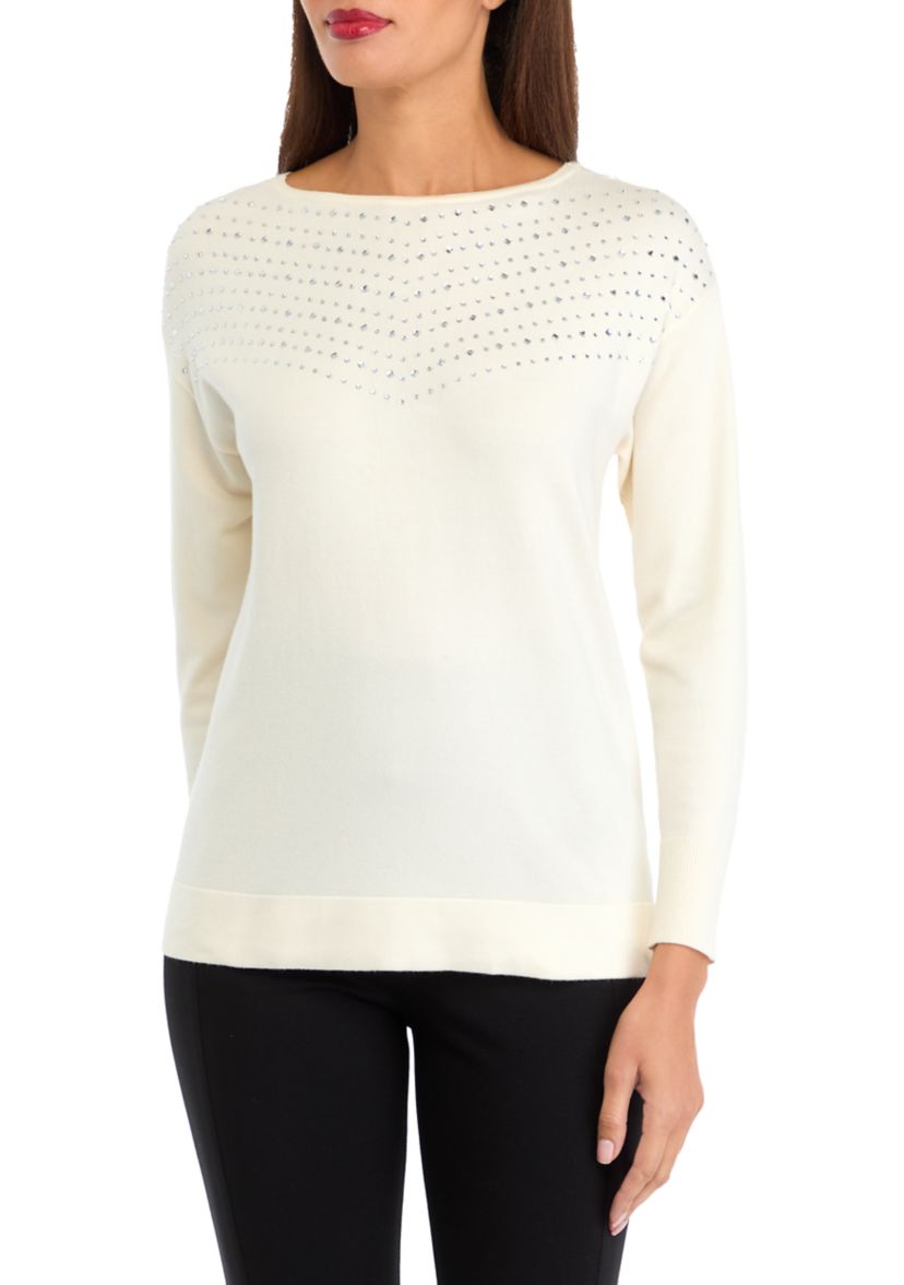 Womens Long Sleeve Boat Neck Shine Sweater