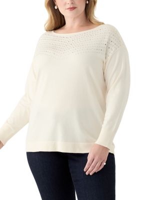 AK Anne Klein Women's Plus Size Boat Neck Rhinestone Sweater, White, 3X