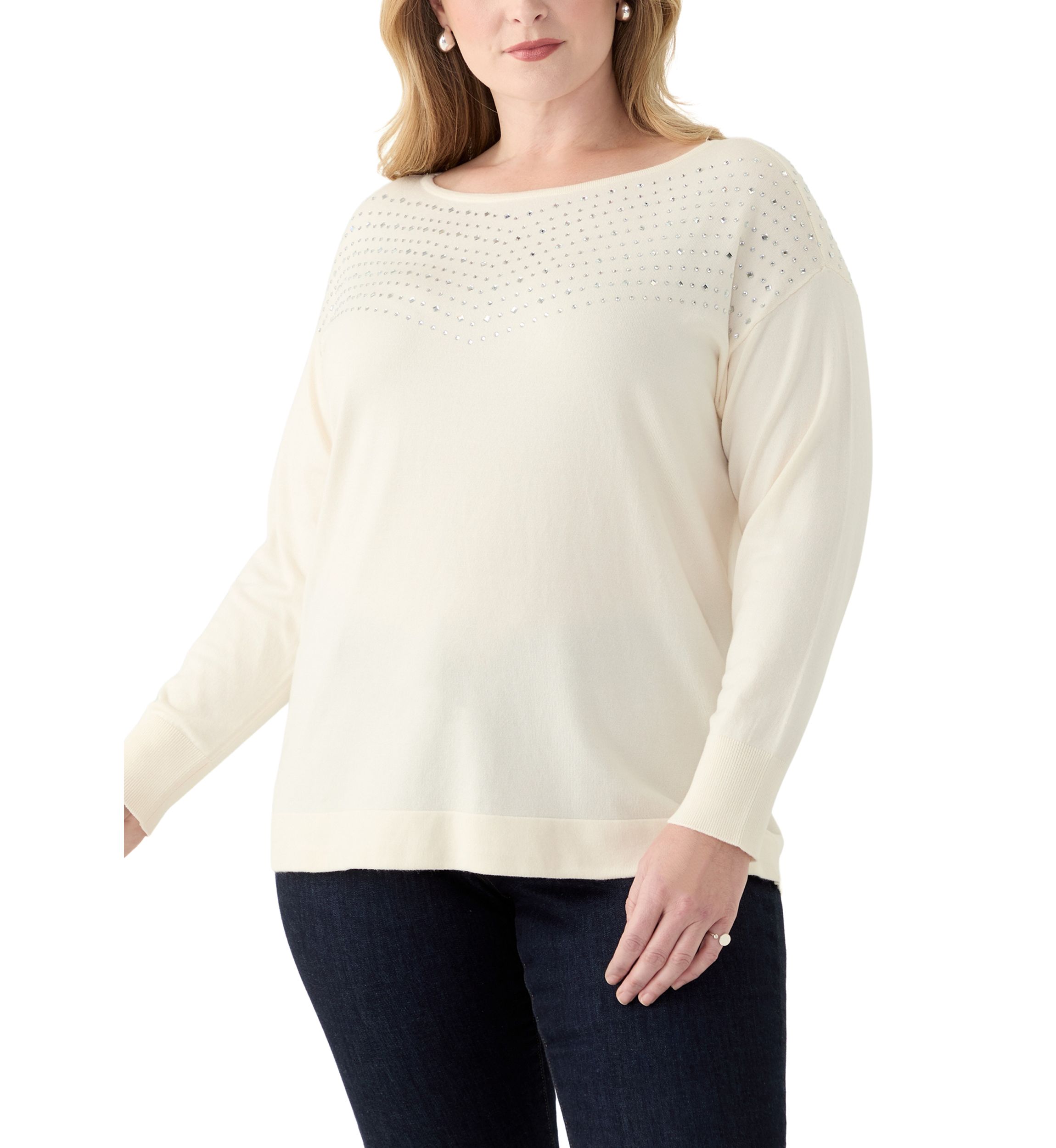 Plus Size Boat Neck Rhinestone Sweater