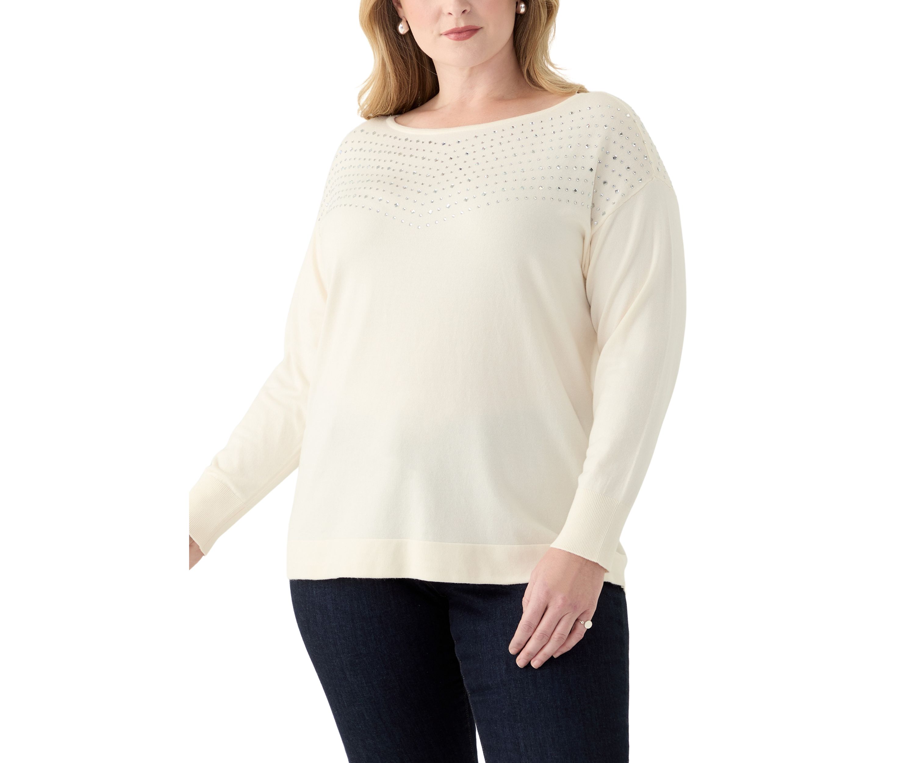 Plus Size Boat Neck Rhinestone Sweater