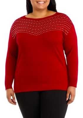 AK Anne Klein Women's Plus Size Boat Neck Rhinestone Sweater, Red, 3X