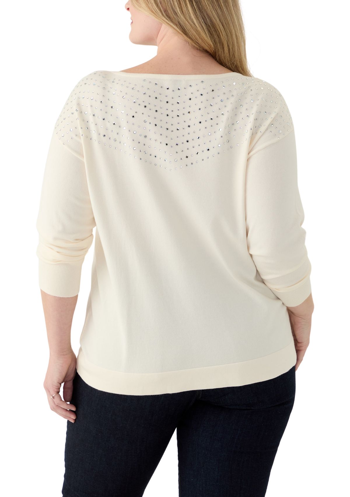 Plus Size Boat Neck Rhinestone Sweater