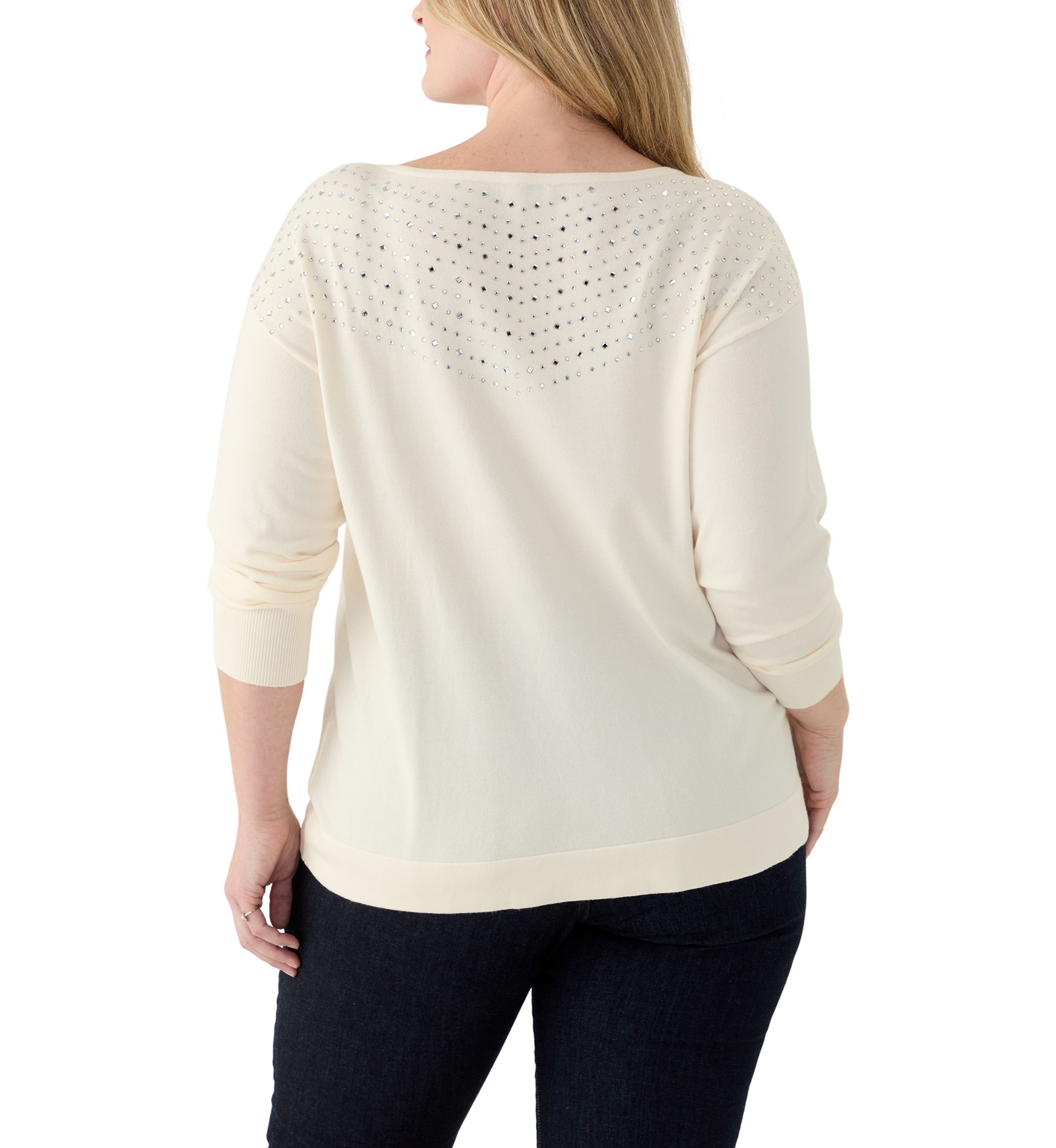 Plus Size Boat Neck Rhinestone Sweater