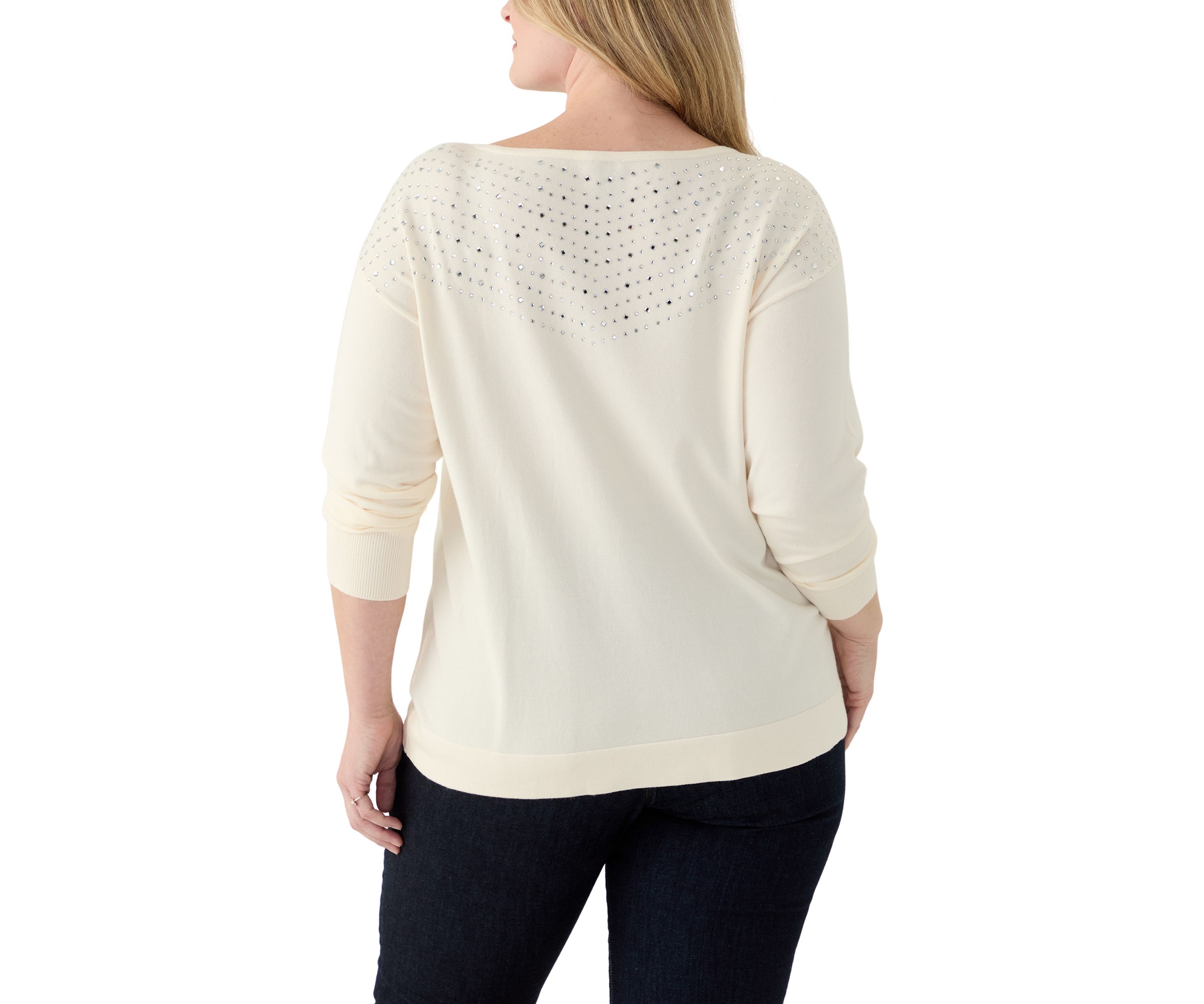 Plus Size Boat Neck Rhinestone Sweater