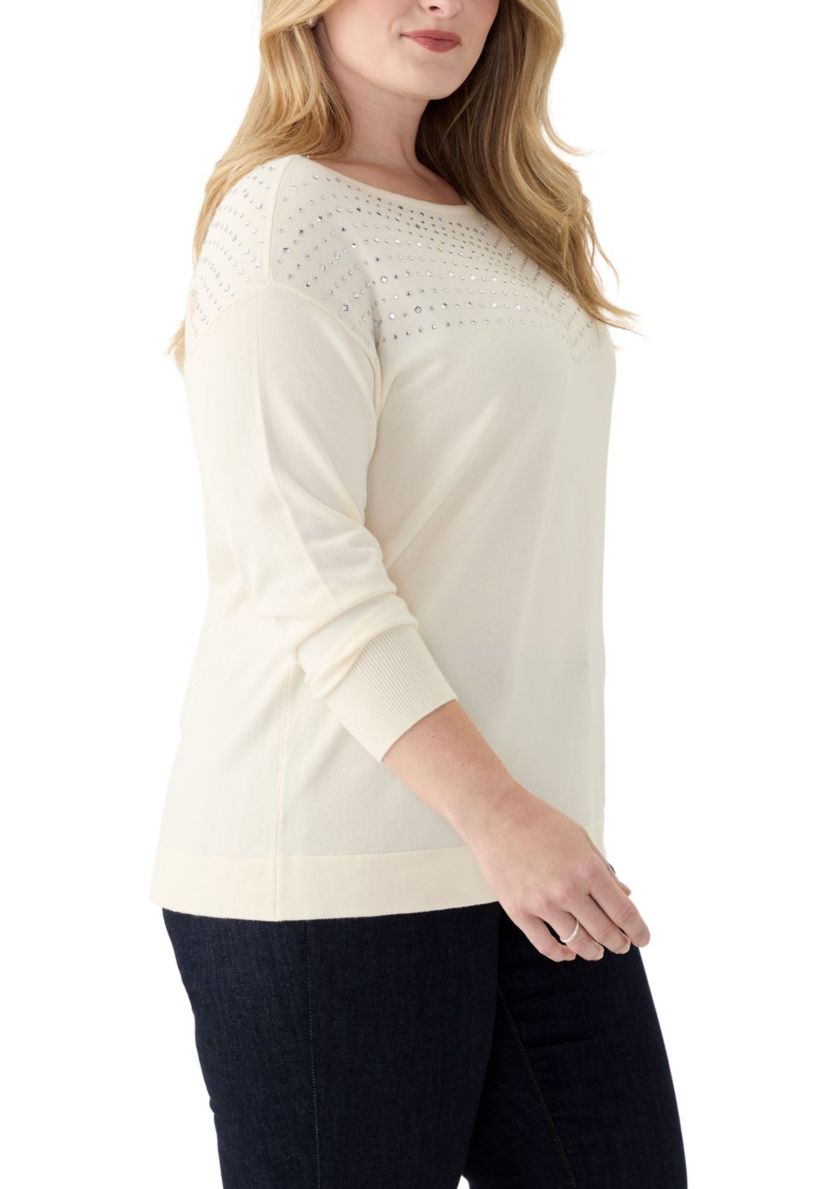 Plus Size Boat Neck Rhinestone Sweater