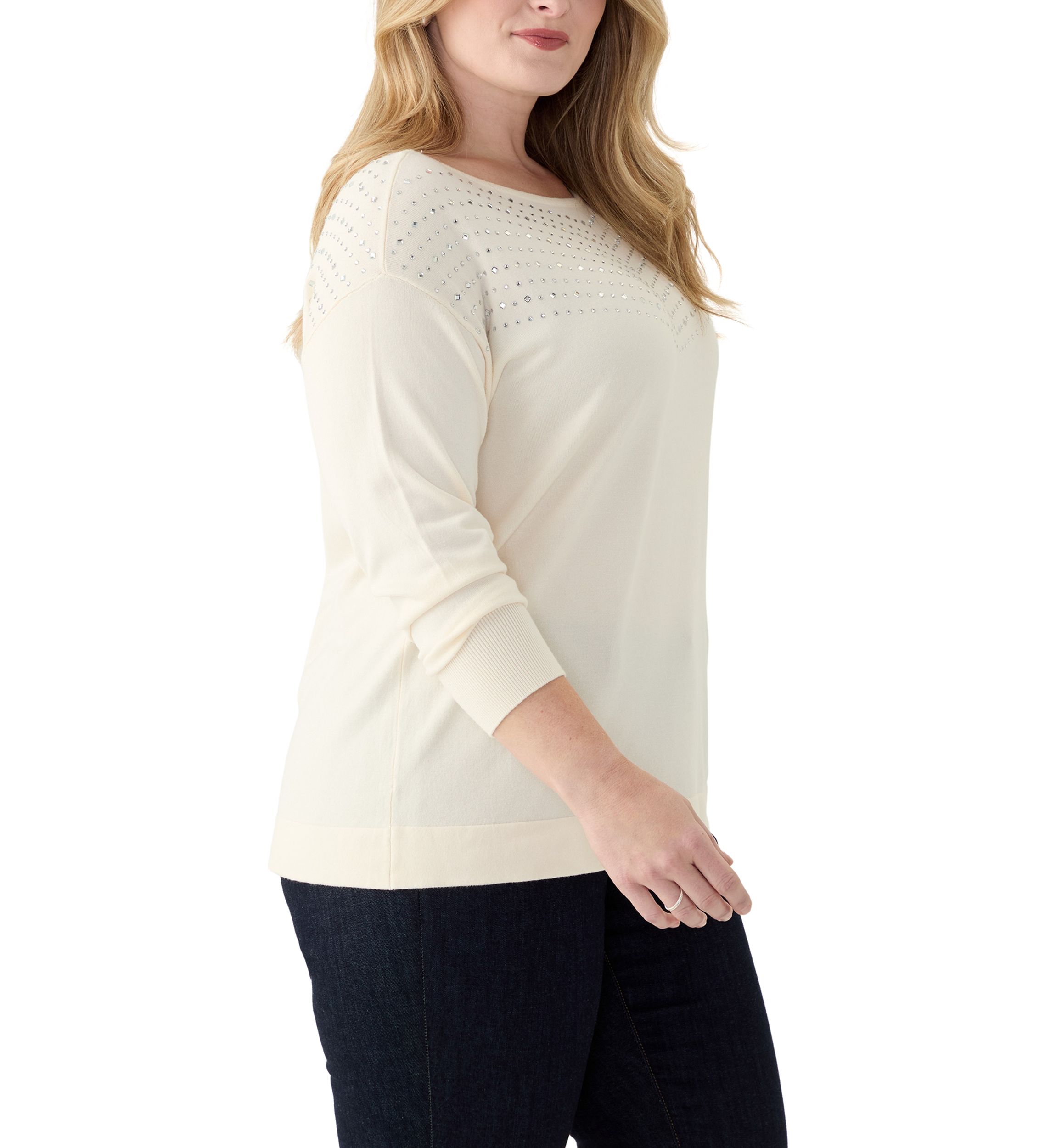 Plus Size Boat Neck Rhinestone Sweater