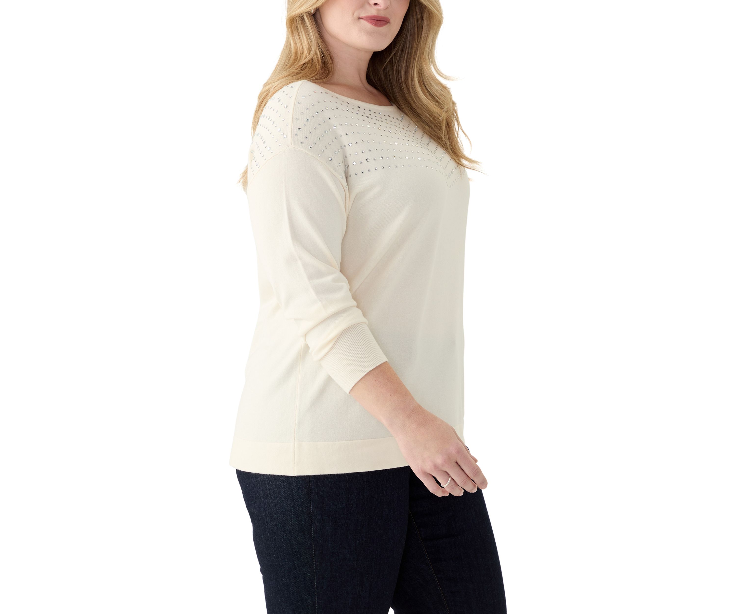 Plus Size Boat Neck Rhinestone Sweater