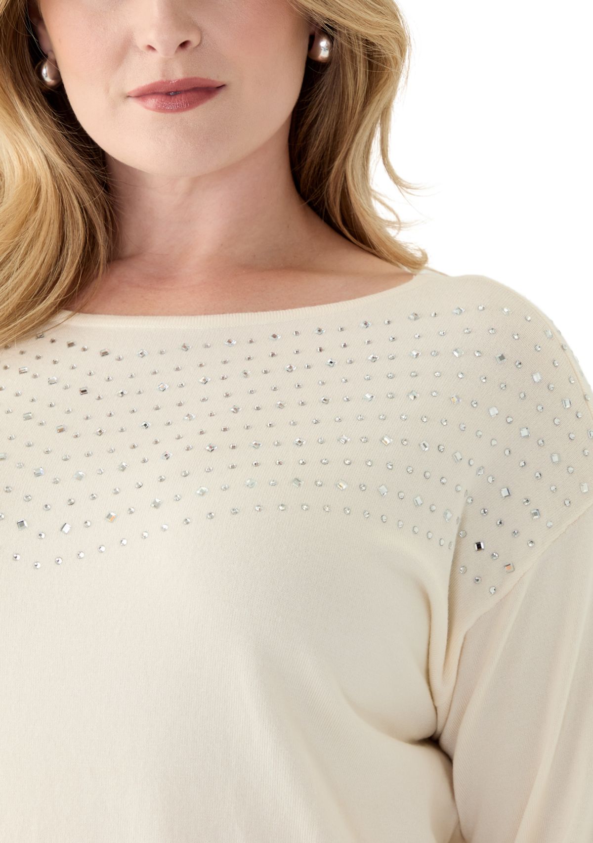 Plus Size Boat Neck Rhinestone Sweater