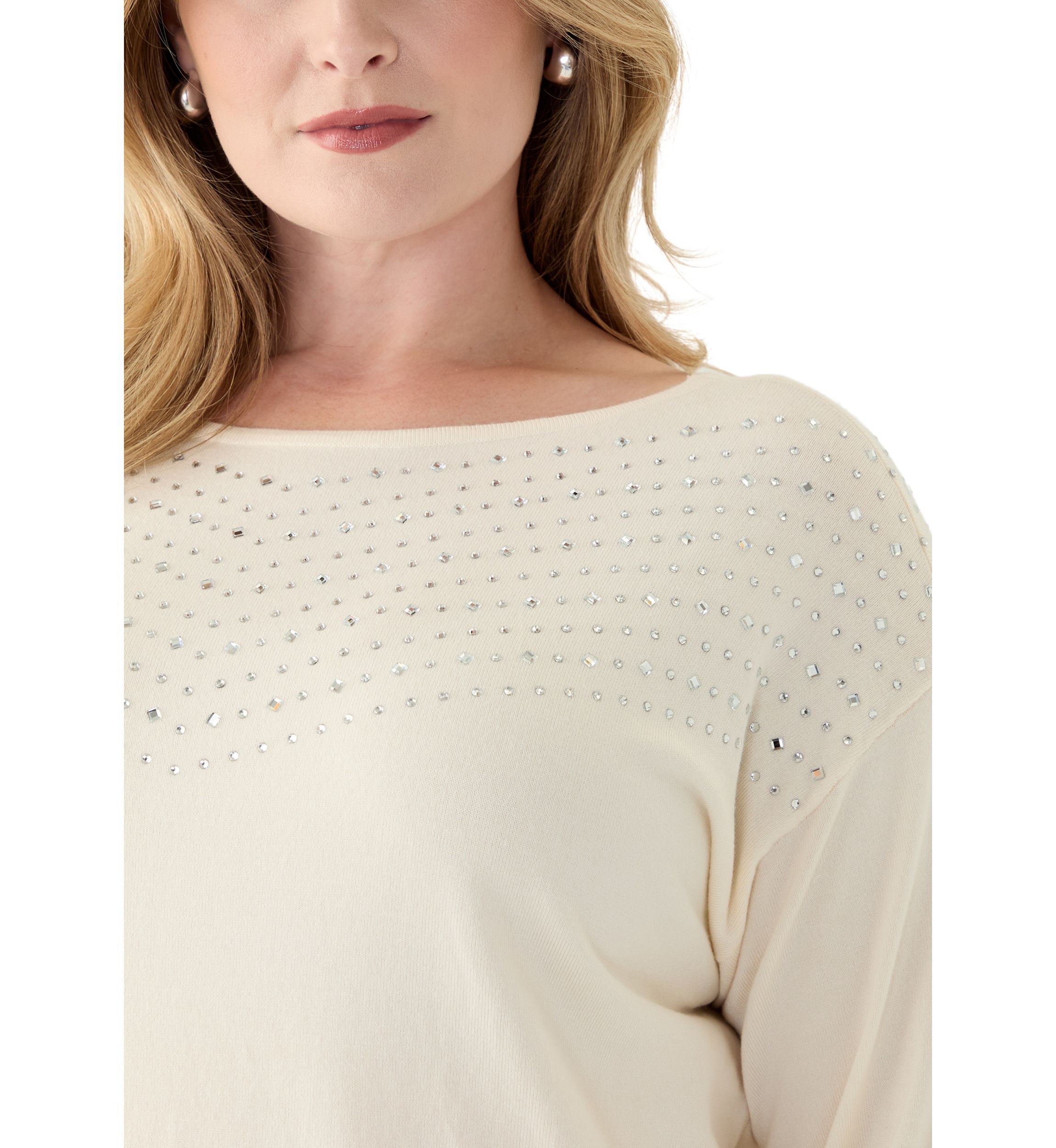 Plus Size Boat Neck Rhinestone Sweater