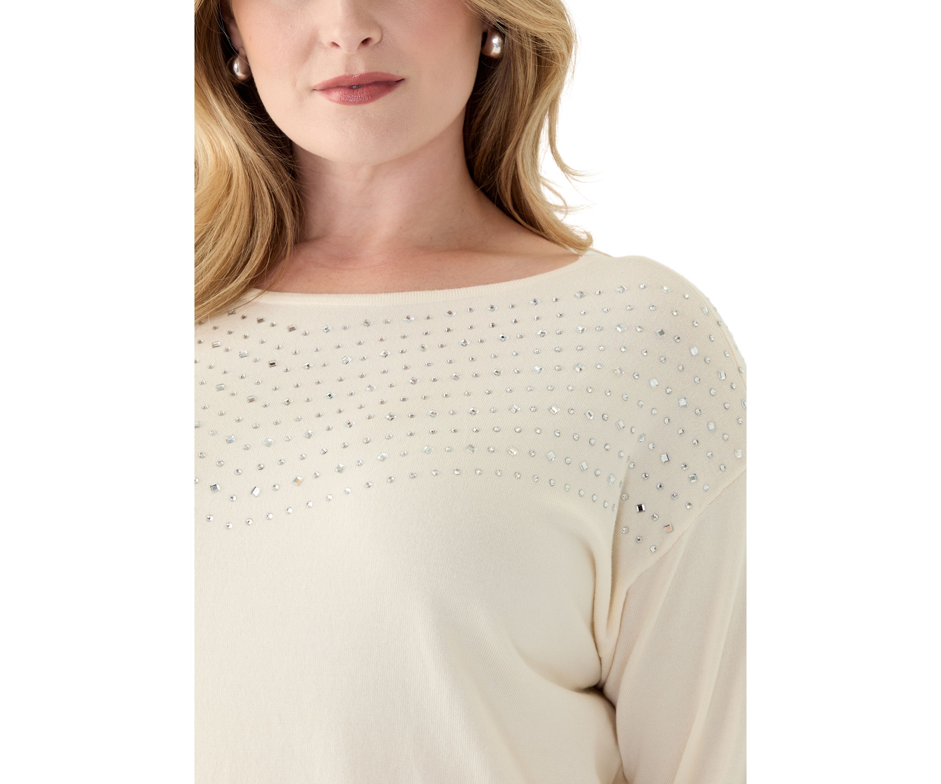Plus Size Boat Neck Rhinestone Sweater