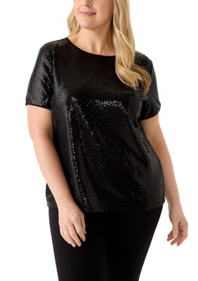 AK Anne Klein Women's Plus Size Duster Shine Dot Top, Black, 2X