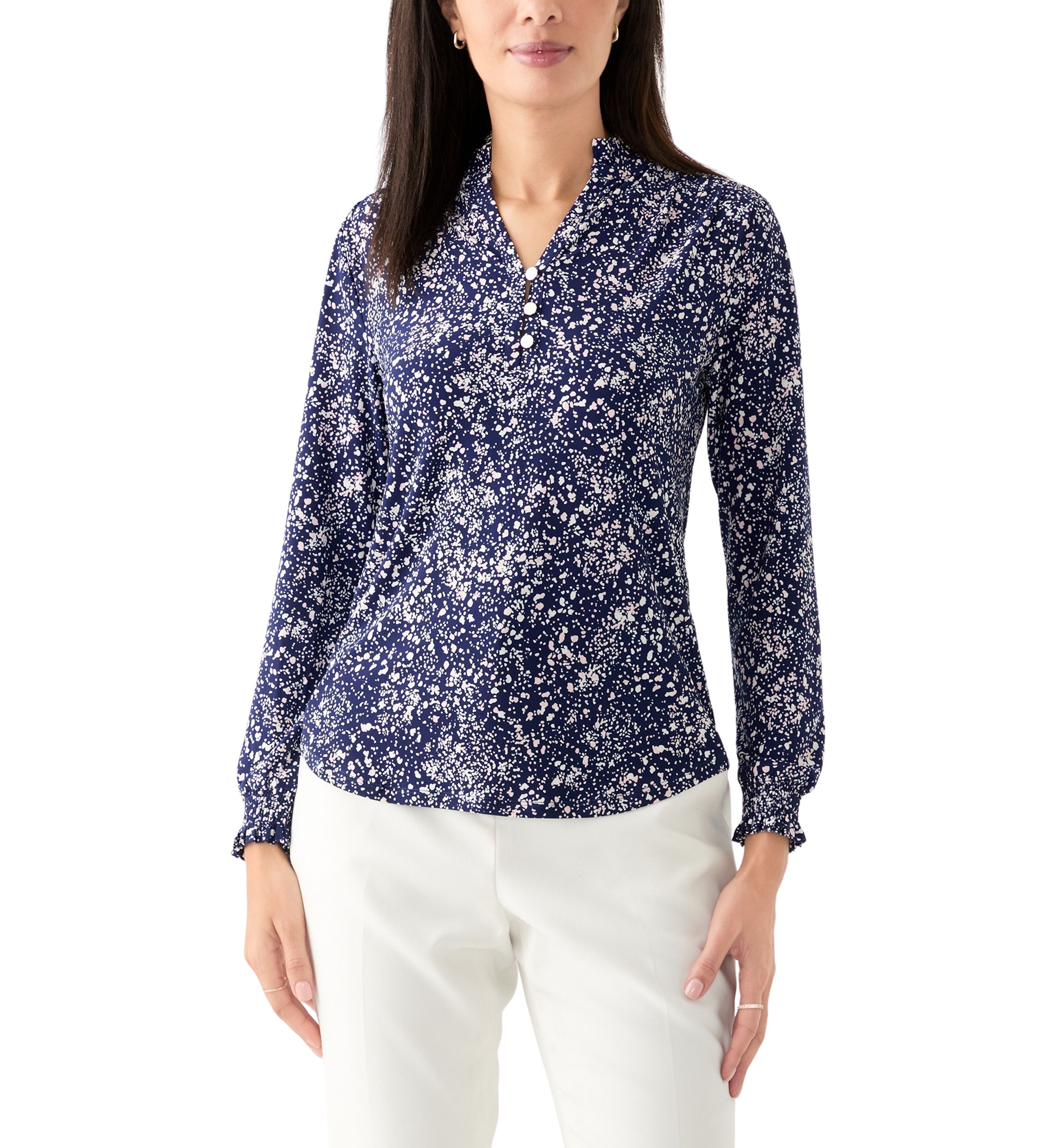 Womens Long Sleeve Printed V-Neck Top 
