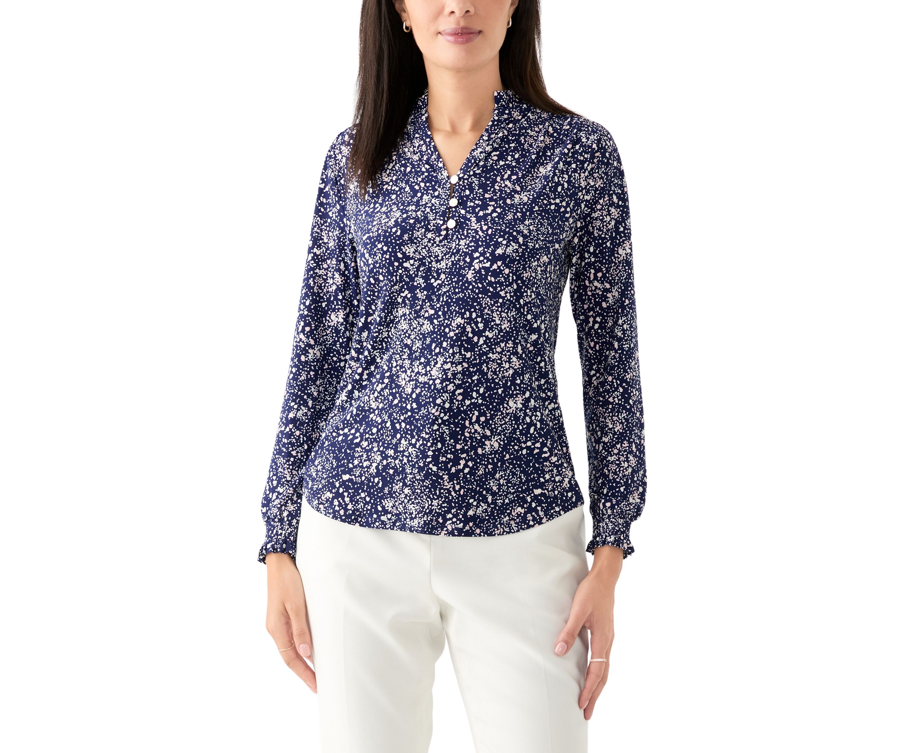 Womens Long Sleeve Printed V-Neck Top 
