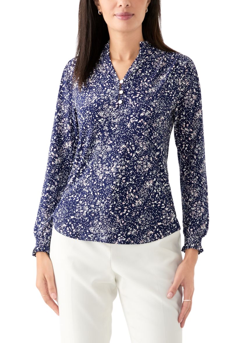 Womens Long Sleeve Printed V-Neck Top 