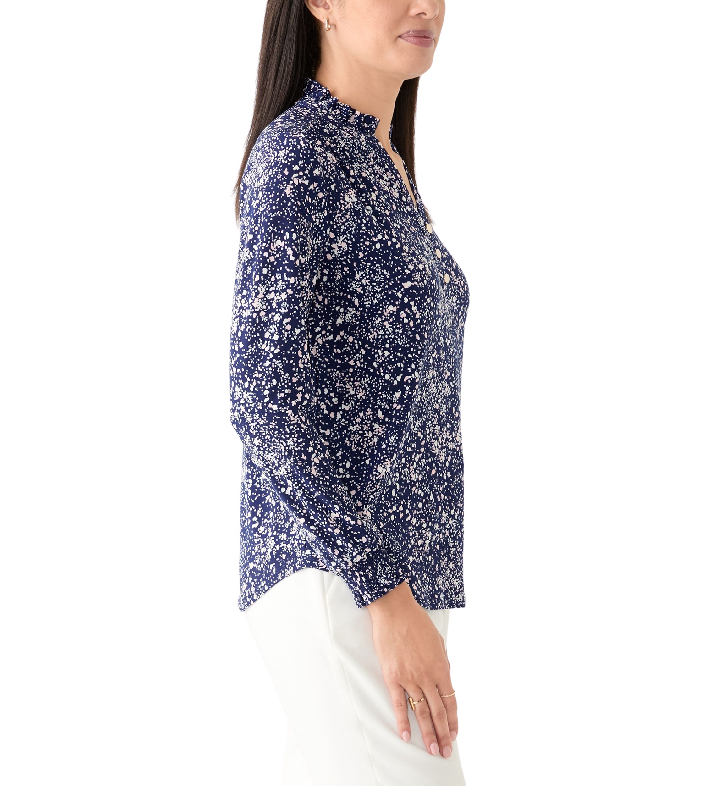 Womens Long Sleeve Printed V-Neck Top 