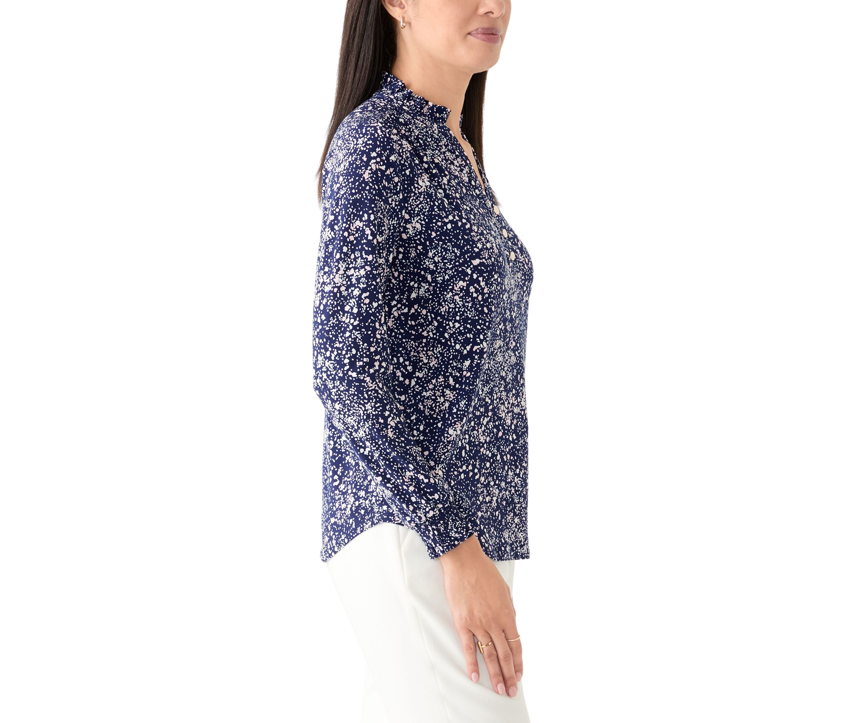 Womens Long Sleeve Printed V-Neck Top 