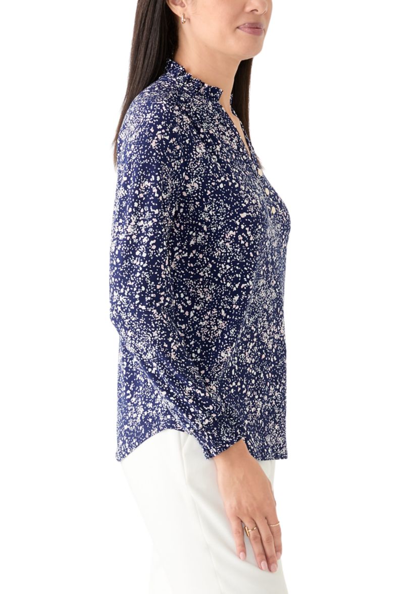 Womens Long Sleeve Printed V-Neck Top 