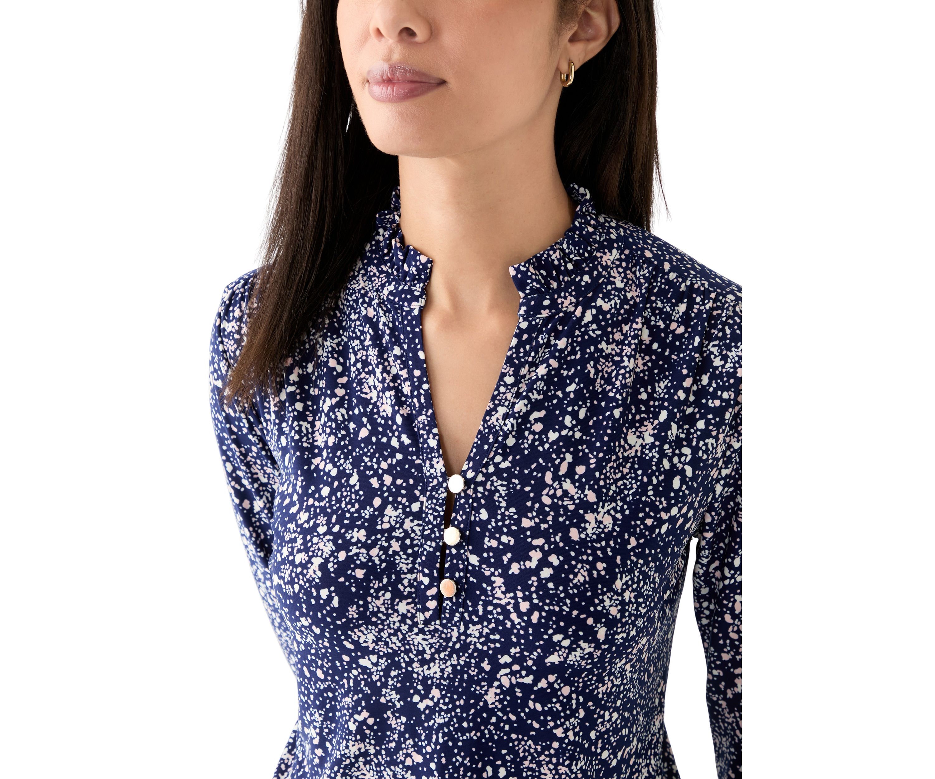 Womens Long Sleeve Printed V-Neck Top 