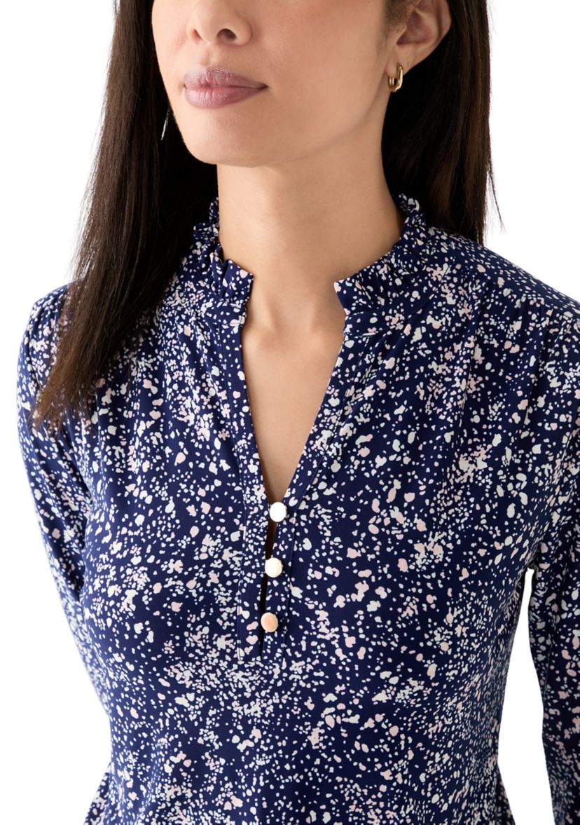 Womens Long Sleeve Printed V-Neck Top 