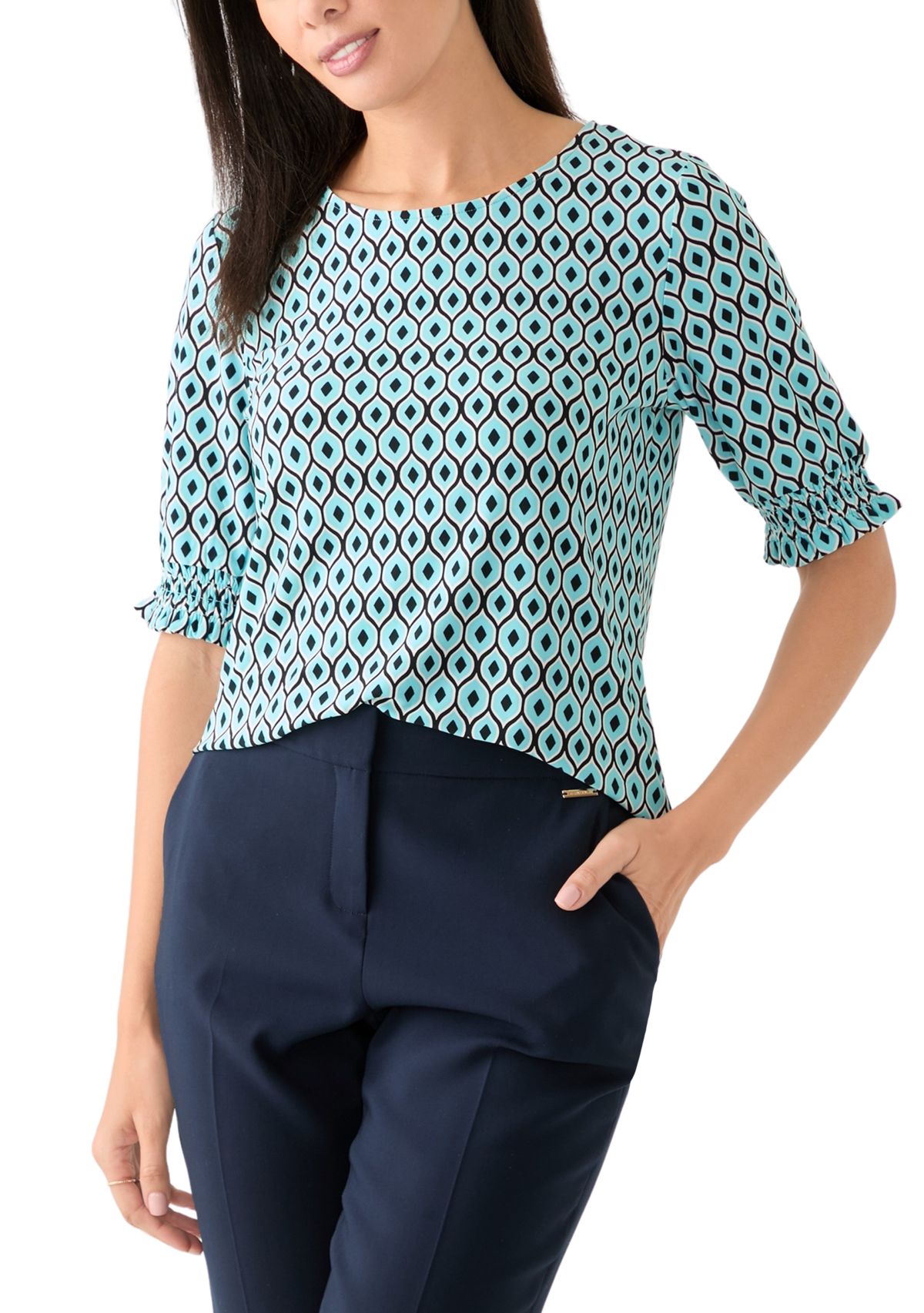 Womens Elbow Ruffle Sleeve Printed Top