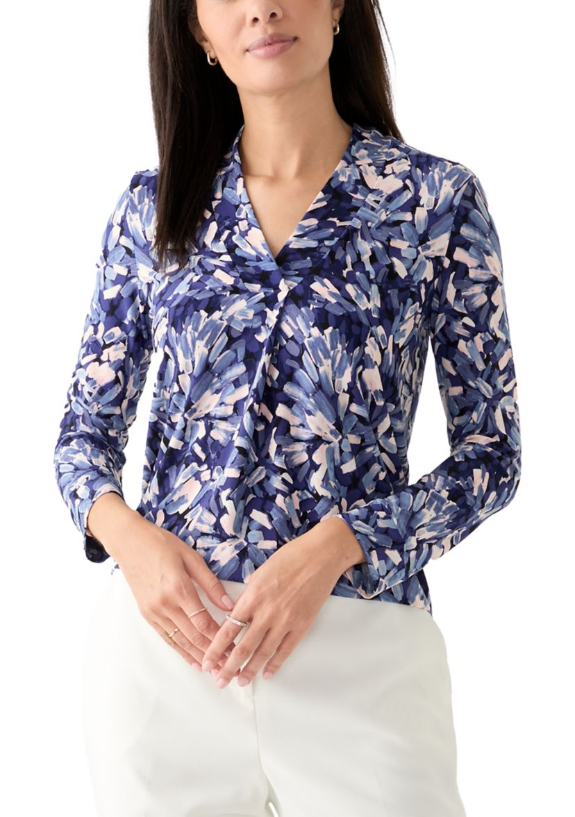 Womens Long Sleeve Printed Ruffle V-Neck Top 