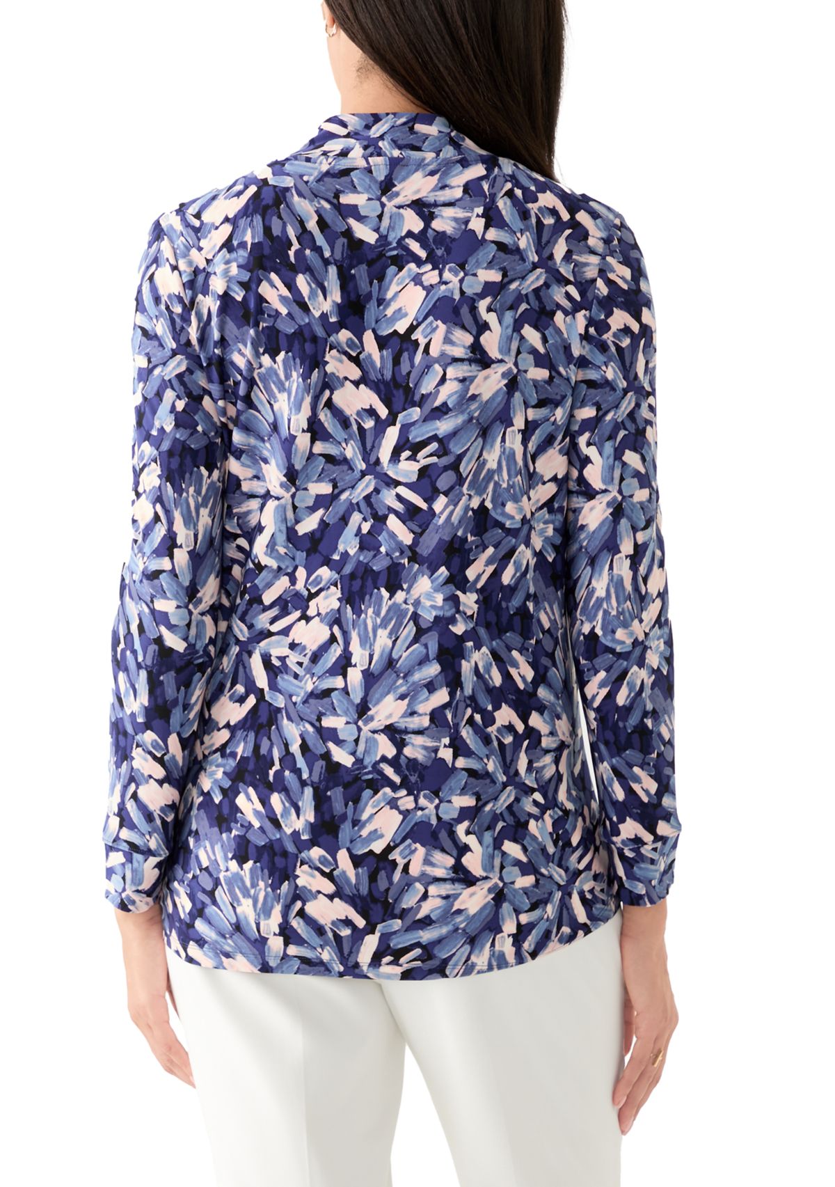 Womens Long Sleeve Printed Ruffle V-Neck Top 