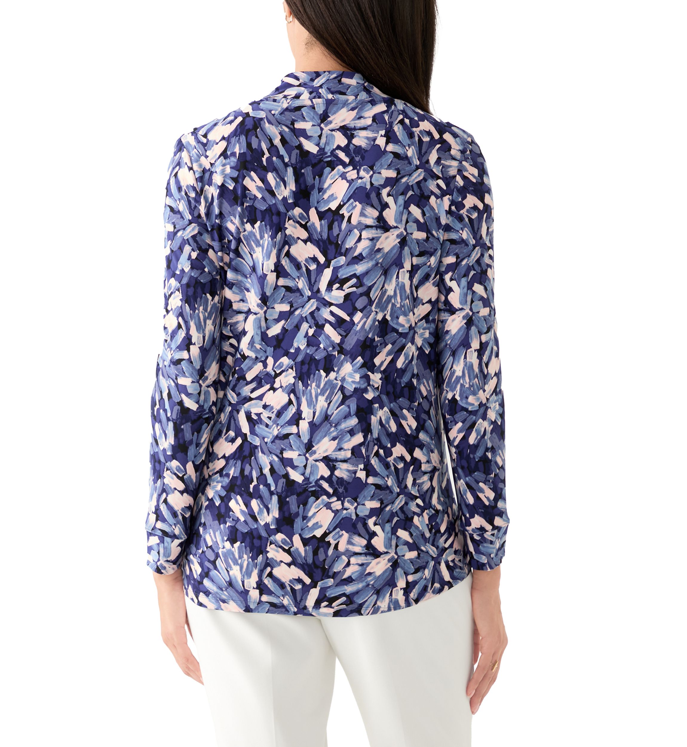 Womens Long Sleeve Printed Ruffle V-Neck Top 