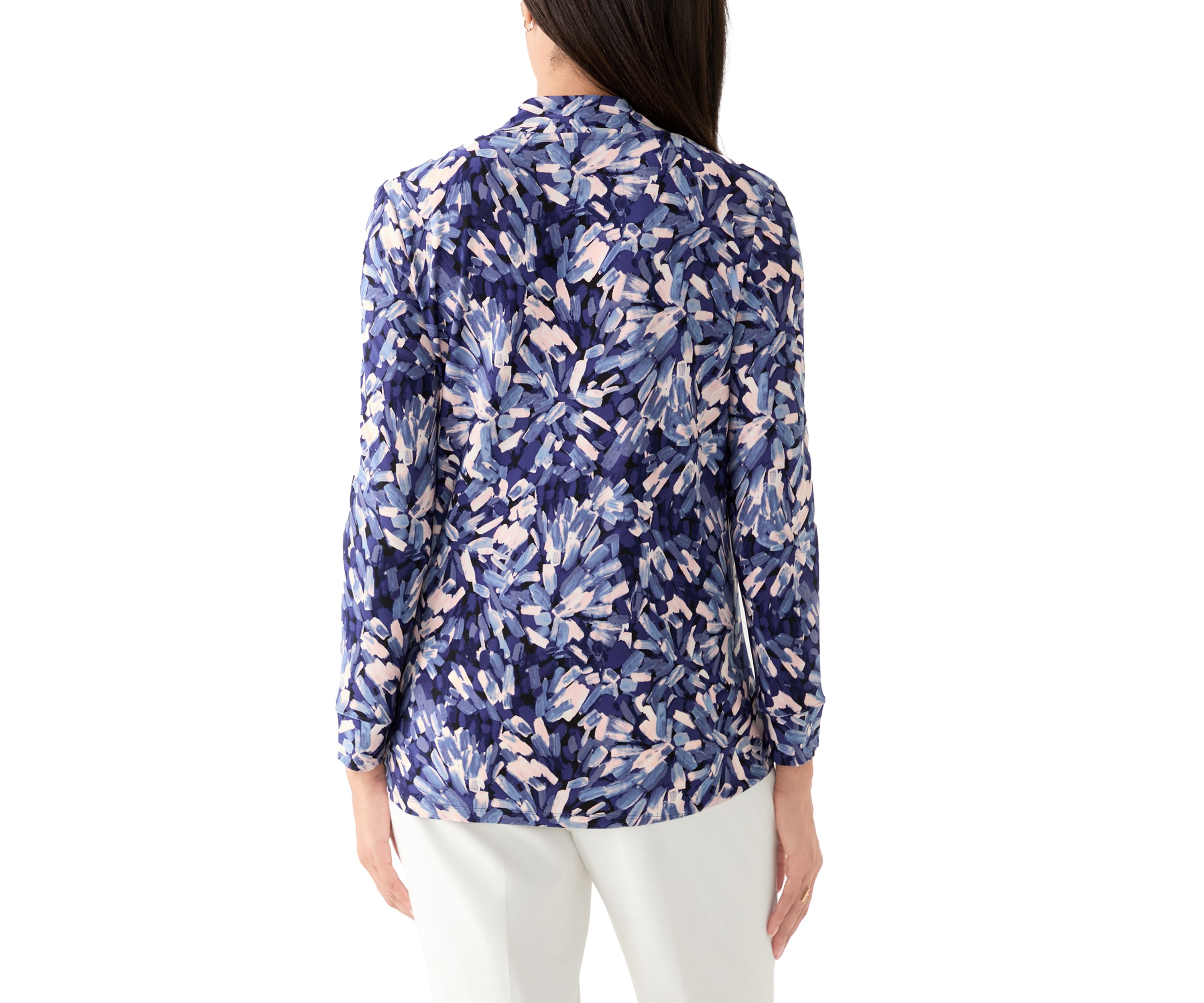 Womens Long Sleeve Printed Ruffle V-Neck Top 
