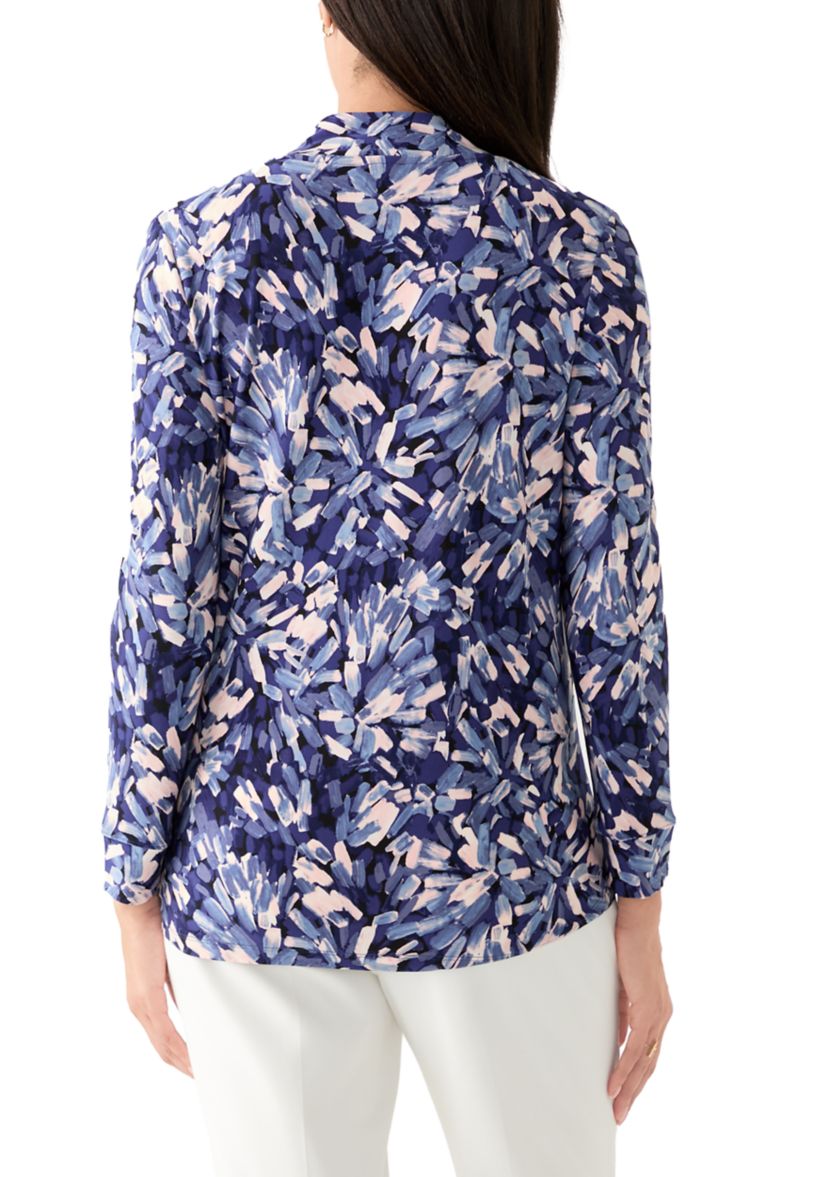 Womens Long Sleeve Printed Ruffle V-Neck Top 