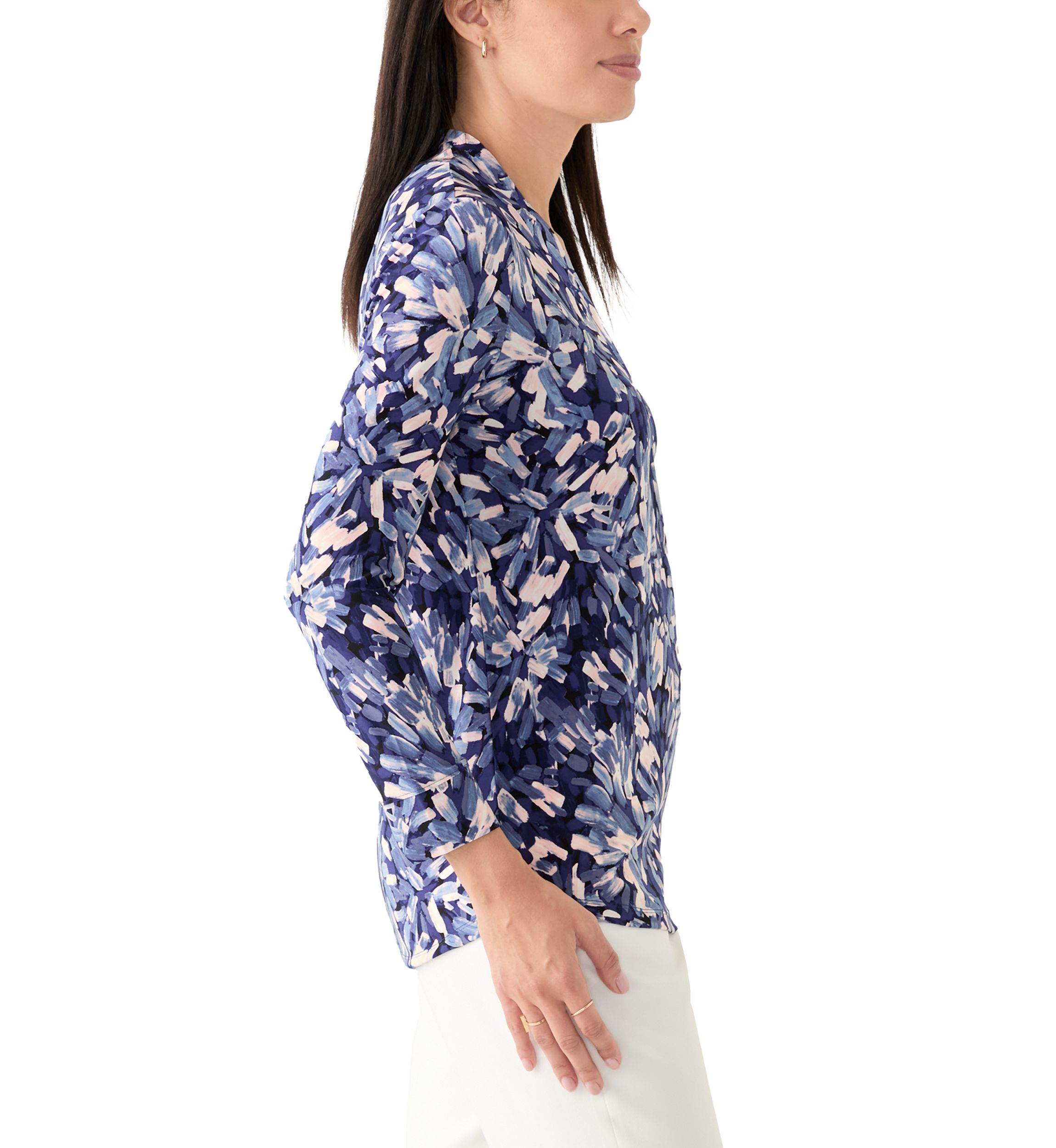 Womens Long Sleeve Printed Ruffle V-Neck Top 