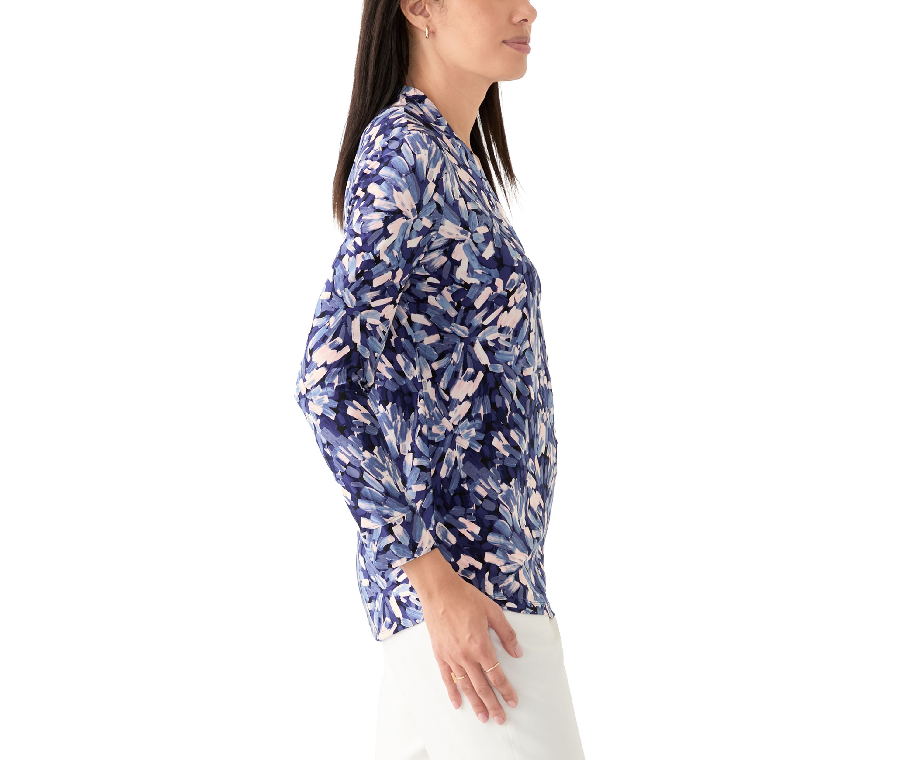 Womens Long Sleeve Printed Ruffle V-Neck Top 