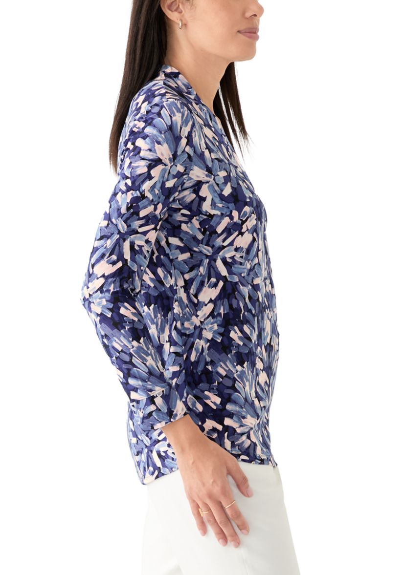 Womens Long Sleeve Printed Ruffle V-Neck Top 