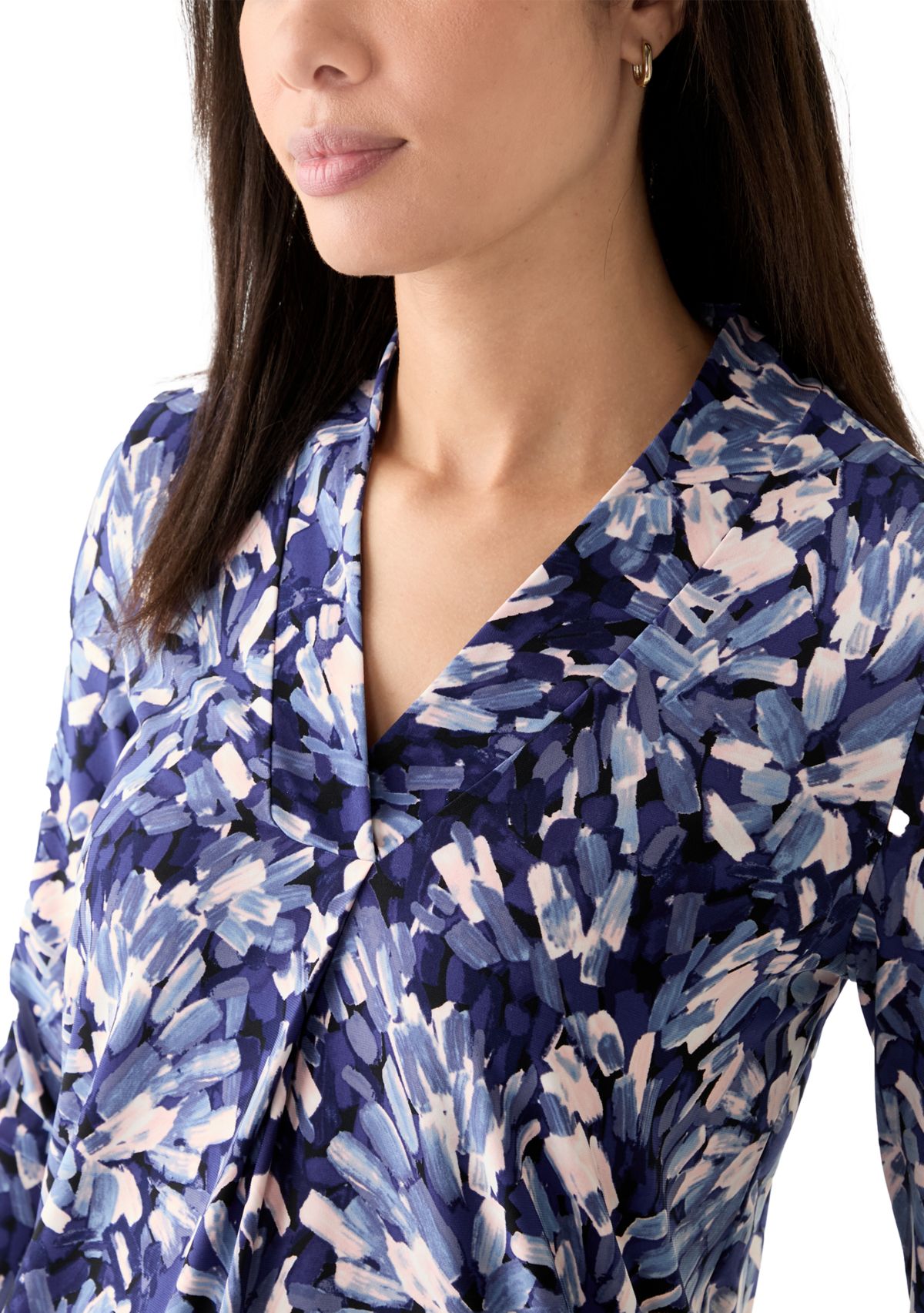 Womens Long Sleeve Printed Ruffle V-Neck Top 