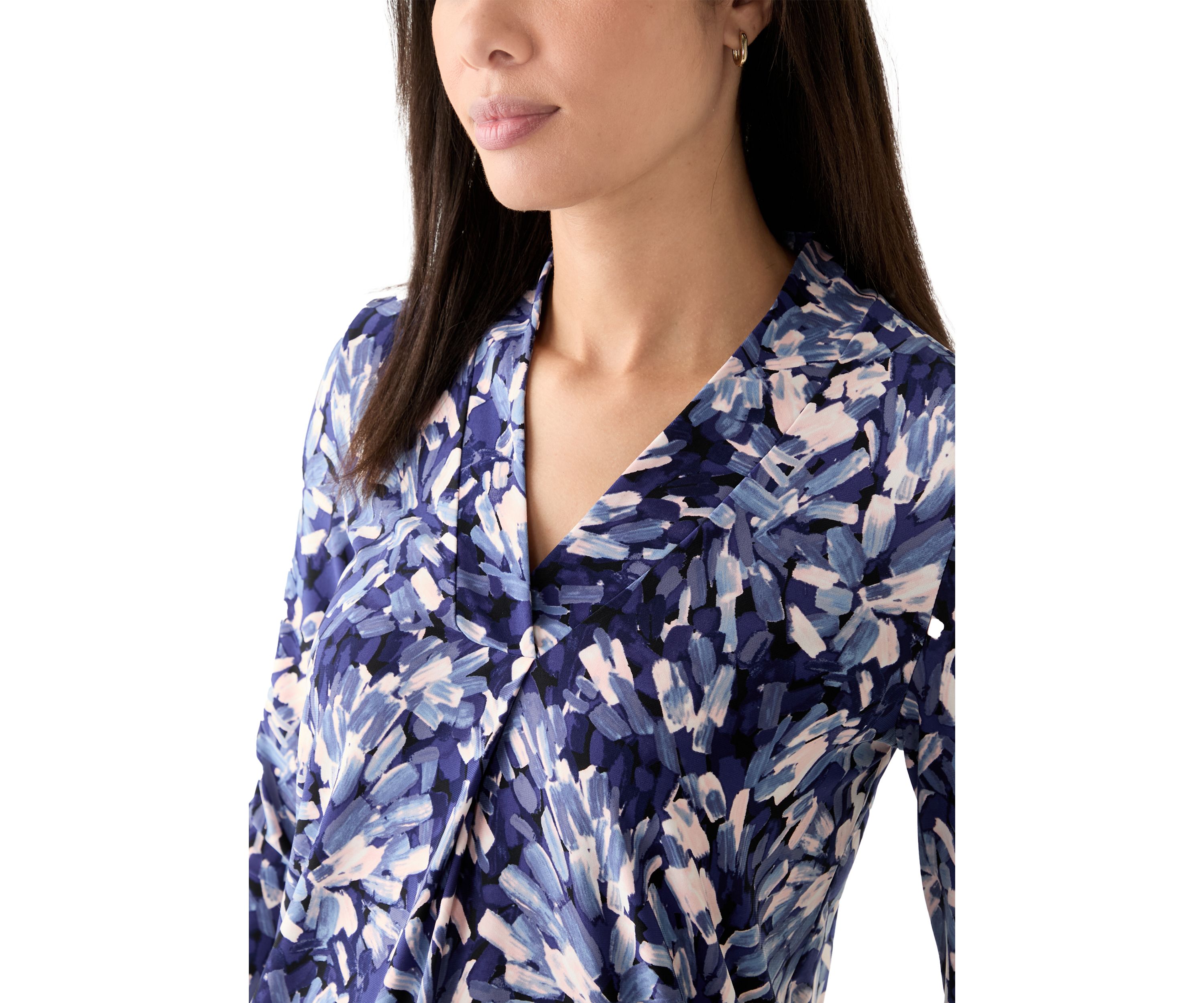 Womens Long Sleeve Printed Ruffle V-Neck Top 