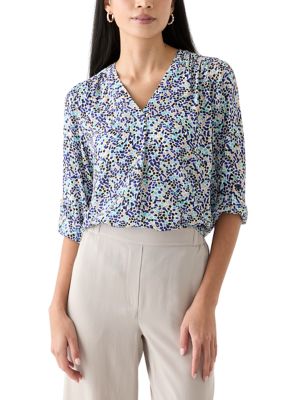 AK Anne Klein Women's Petite Printed Roll Tab Sleeve Top