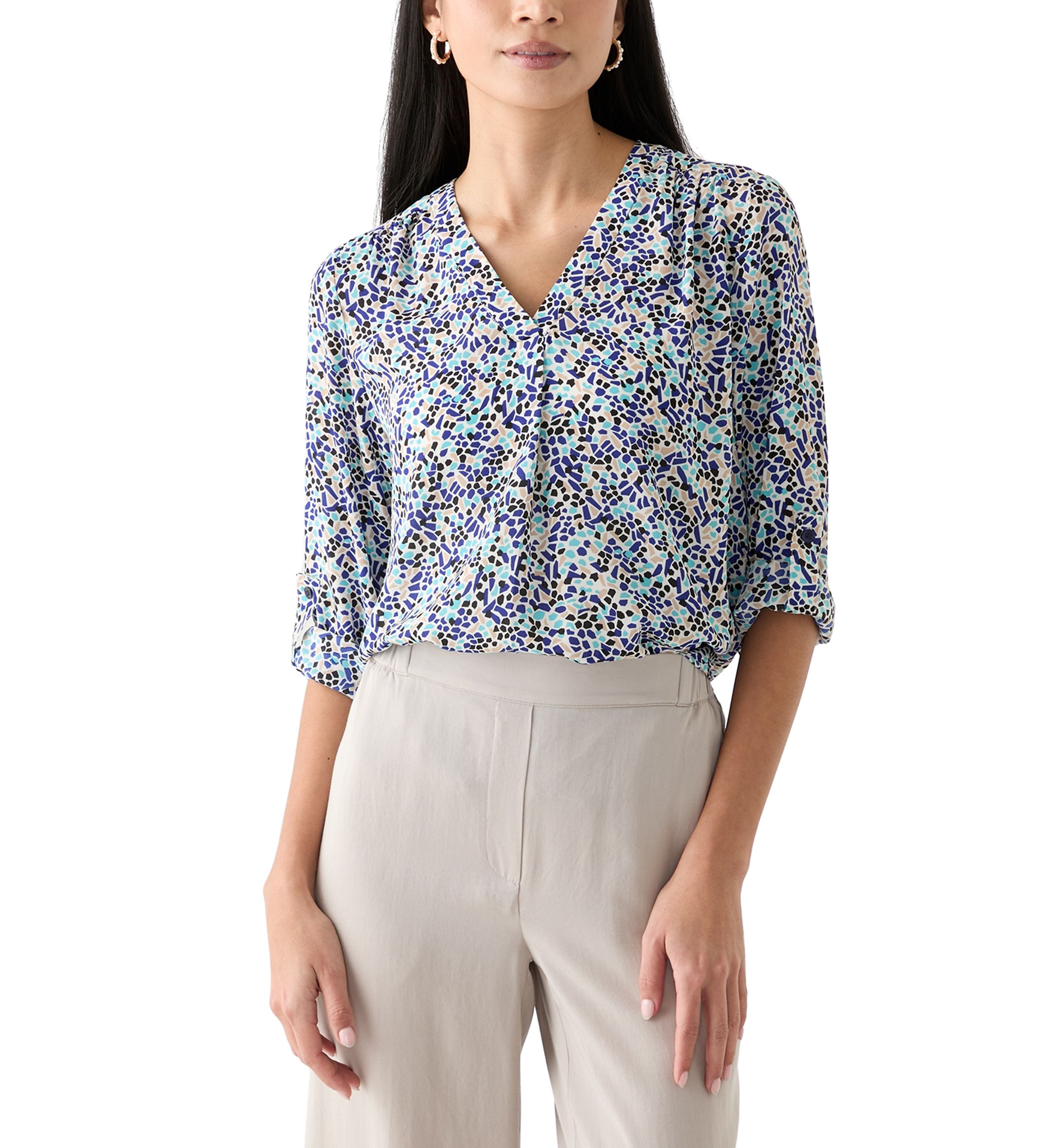 Petite Printed Roll Tab Sleeve Top