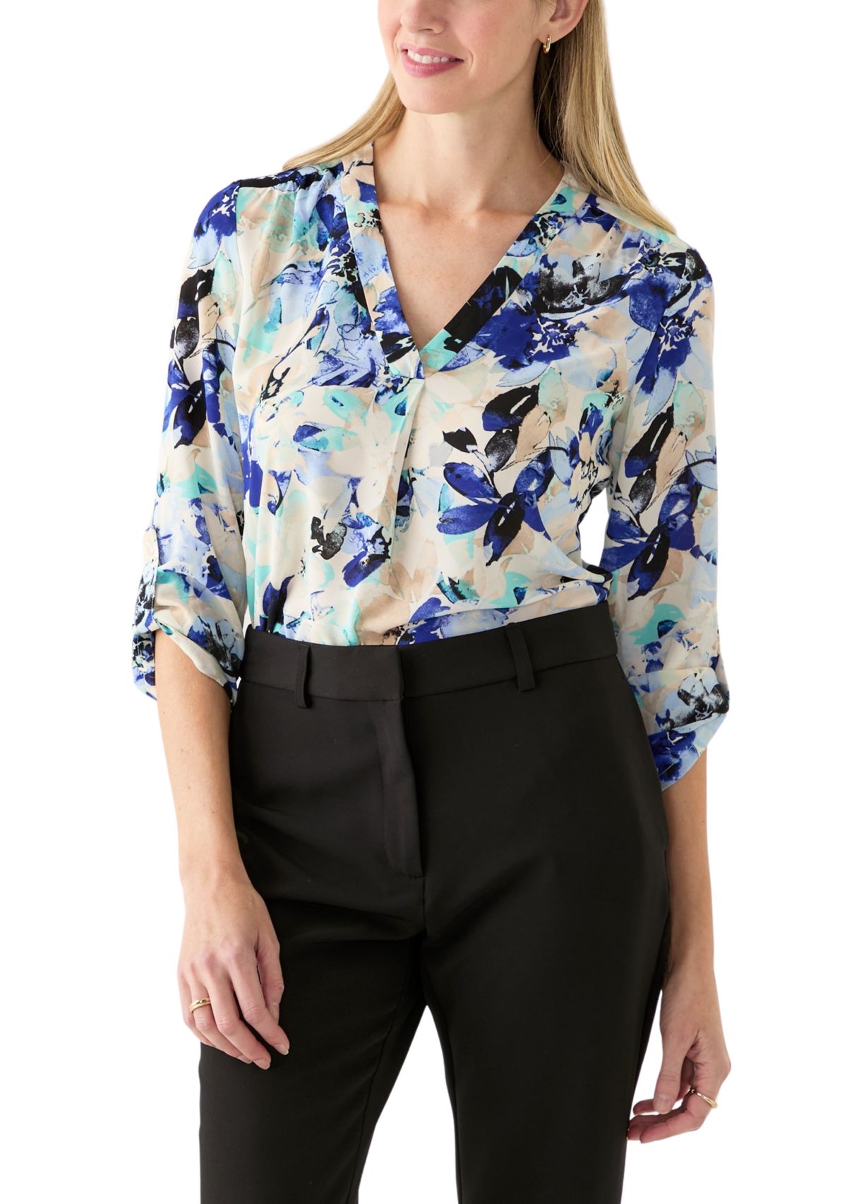 Womens Long Sleeve V-Neck Printed Tunic Top