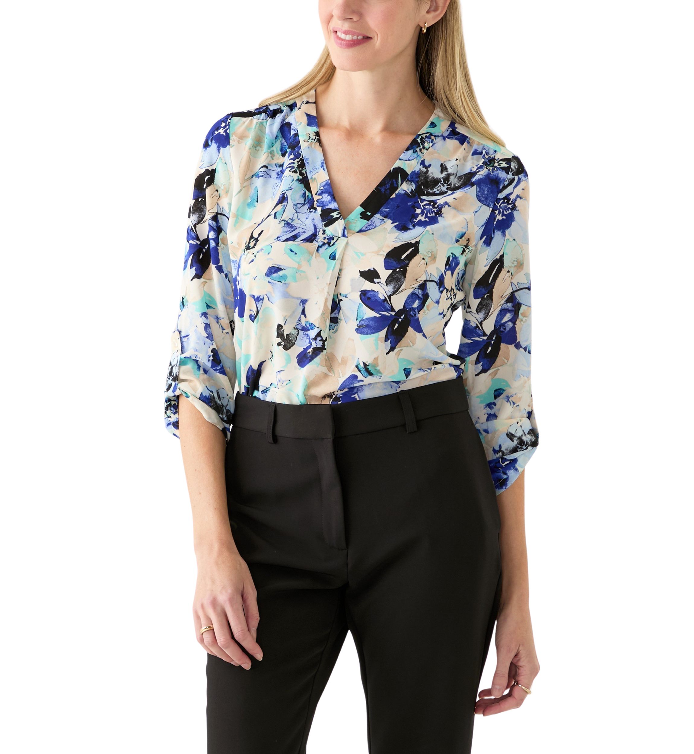 Womens Long Sleeve V-Neck Printed Tunic Top