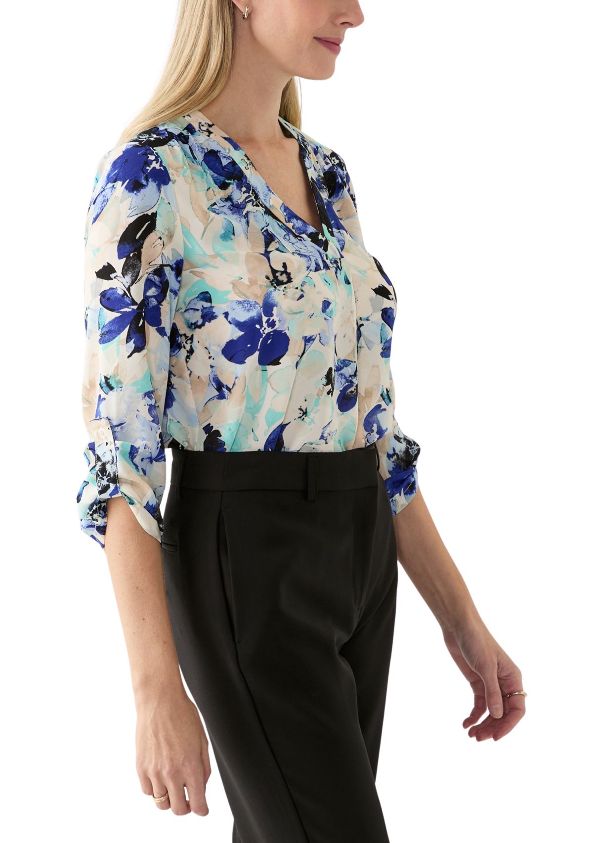 Womens Long Sleeve V-Neck Printed Tunic Top