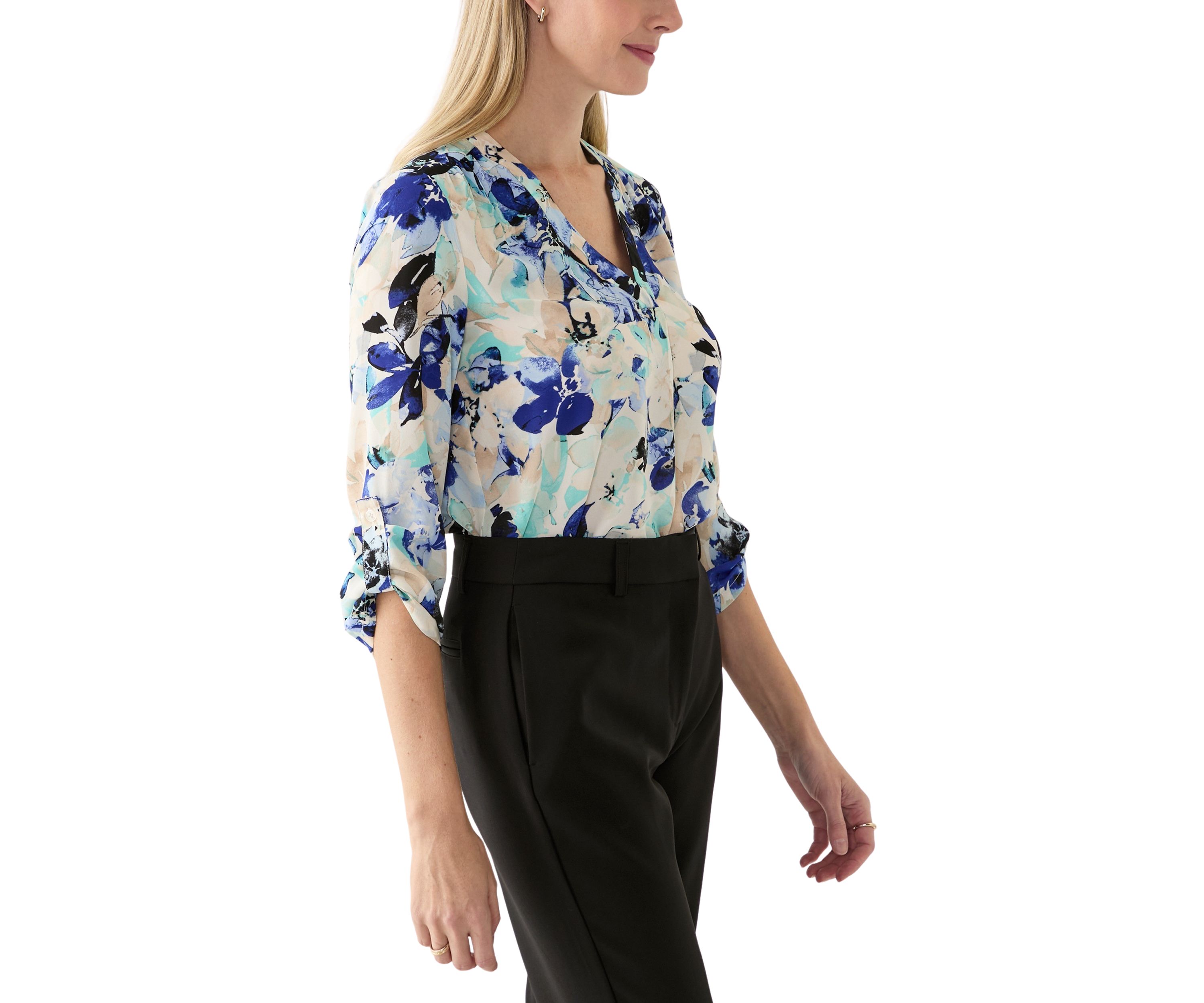 Womens Long Sleeve V-Neck Printed Tunic Top