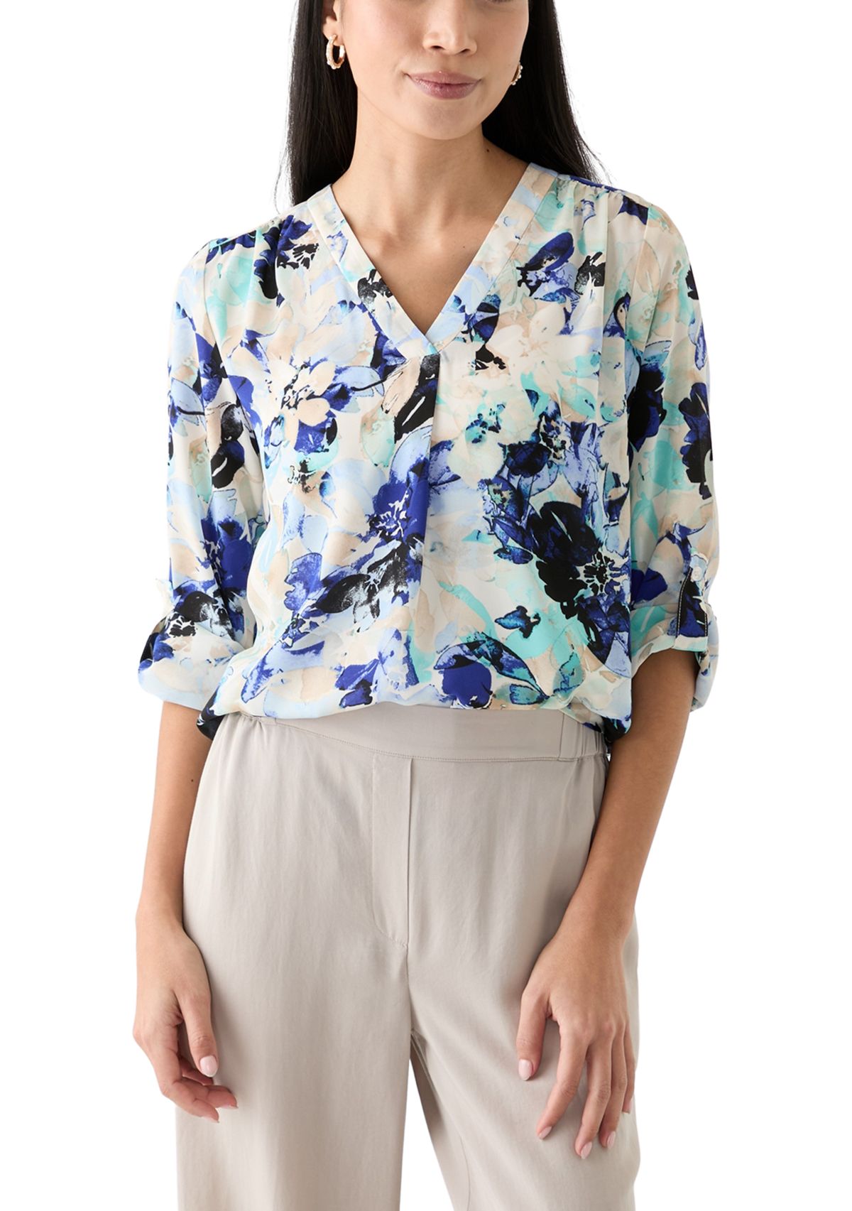 Petite Printed Roll Tab Sleeve Top