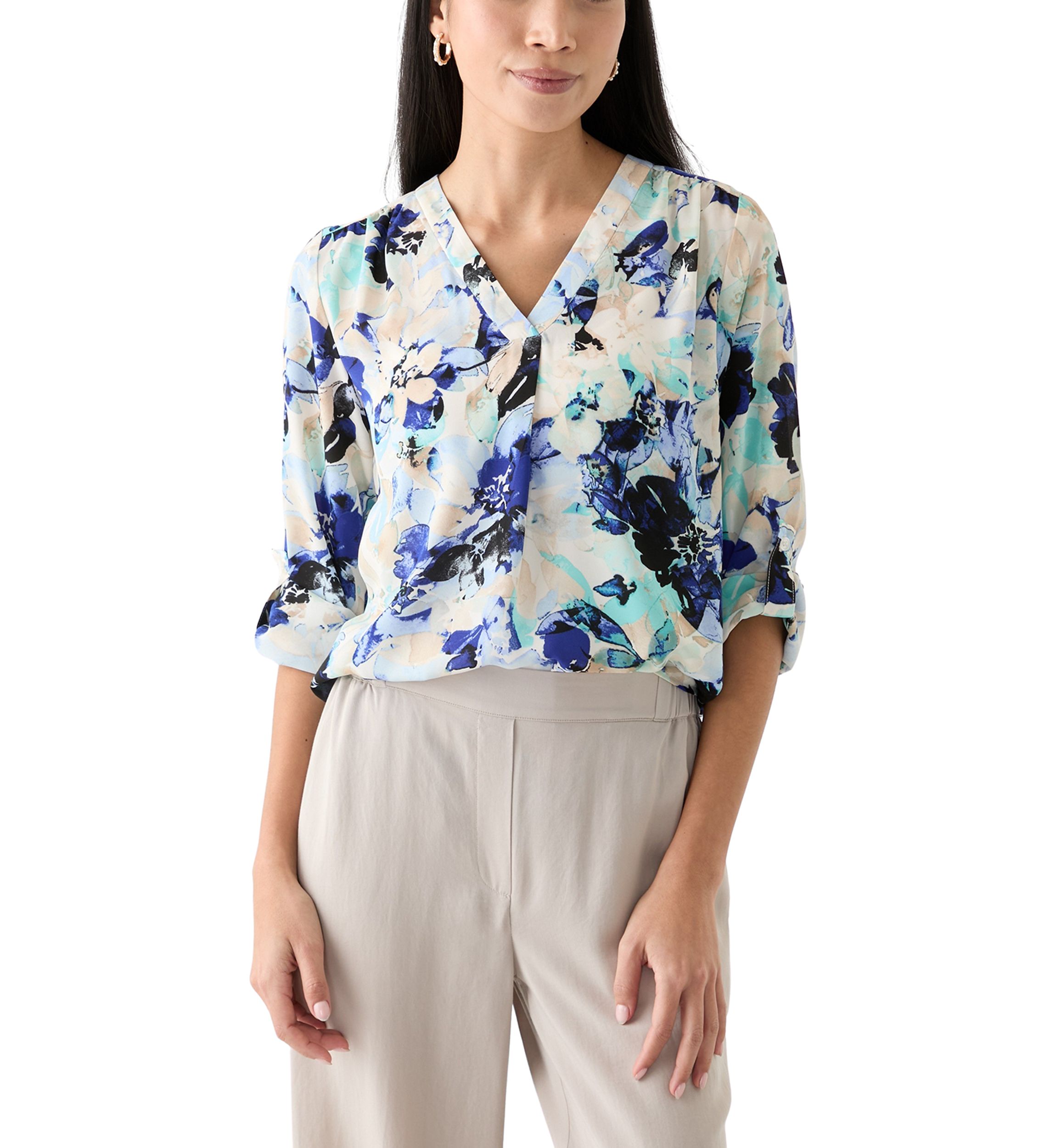 Petite Printed Roll Tab Sleeve Top