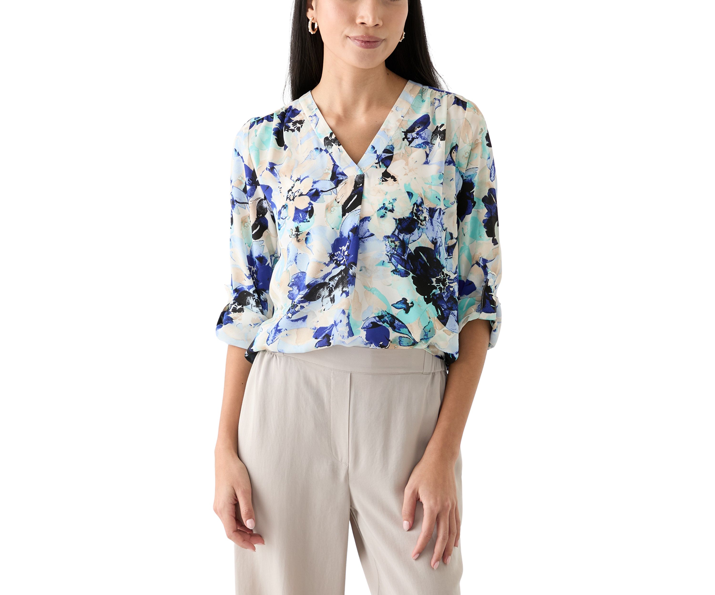 Petite Printed Roll Tab Sleeve Top