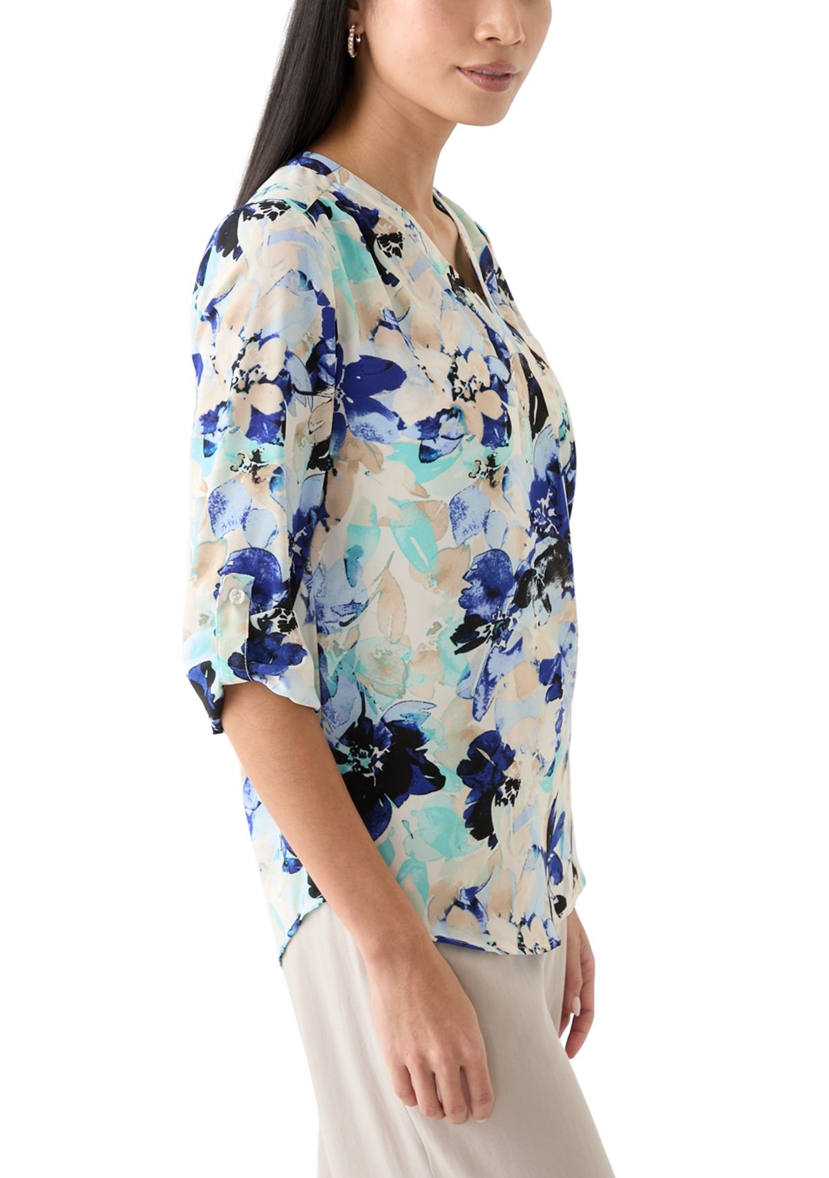 Petite Printed Roll Tab Sleeve Top