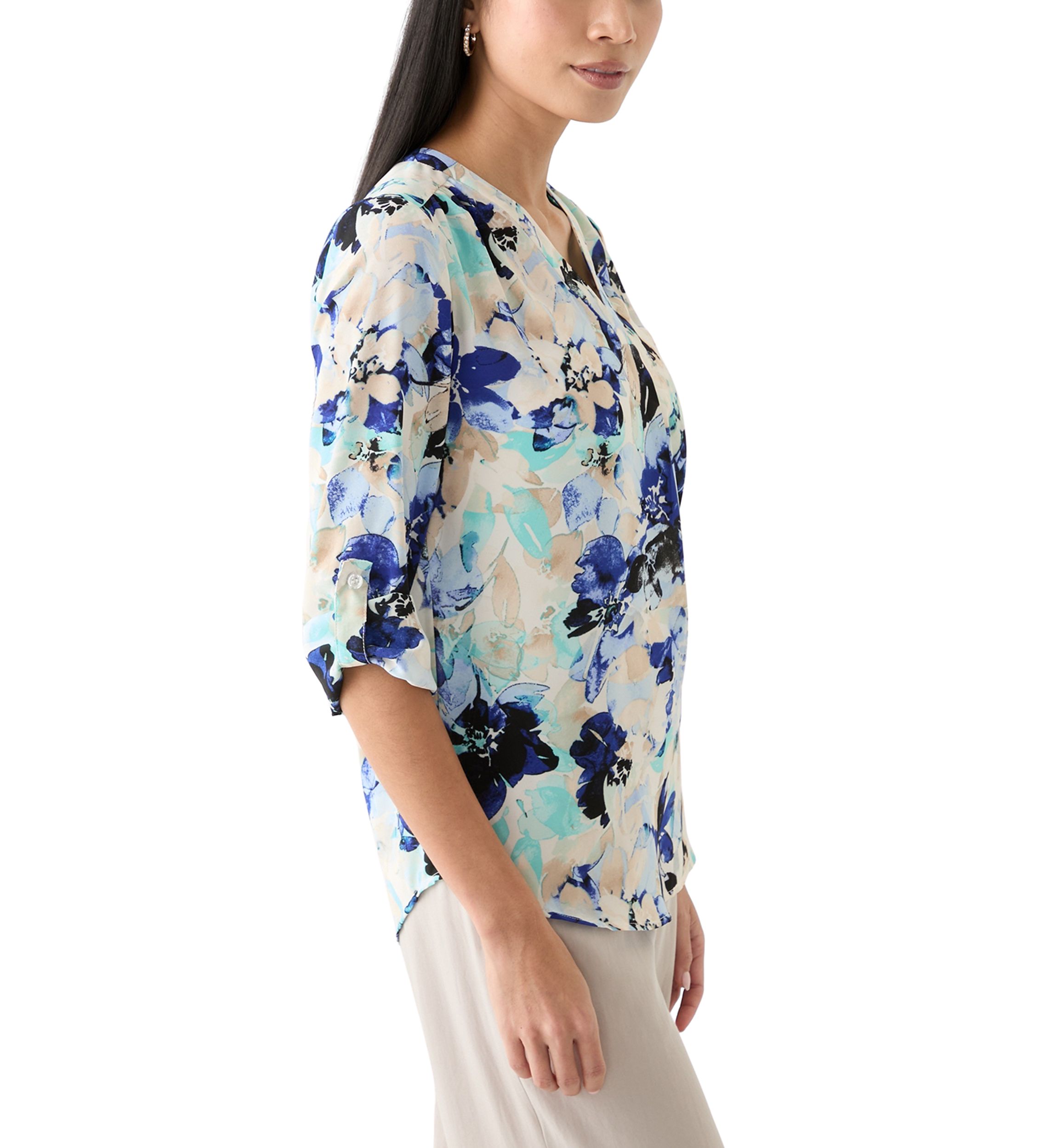 Petite Printed Roll Tab Sleeve Top