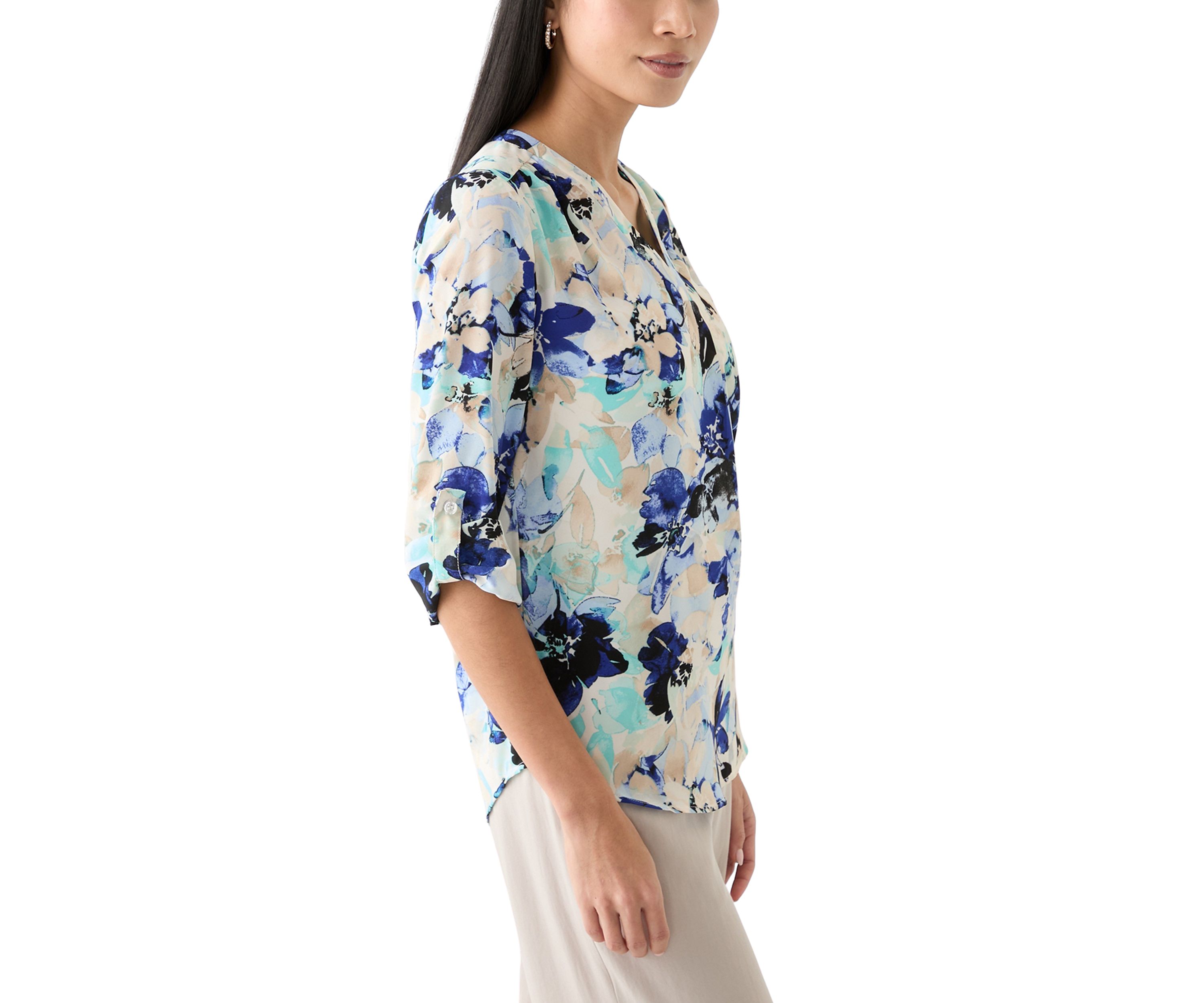 Petite Printed Roll Tab Sleeve Top