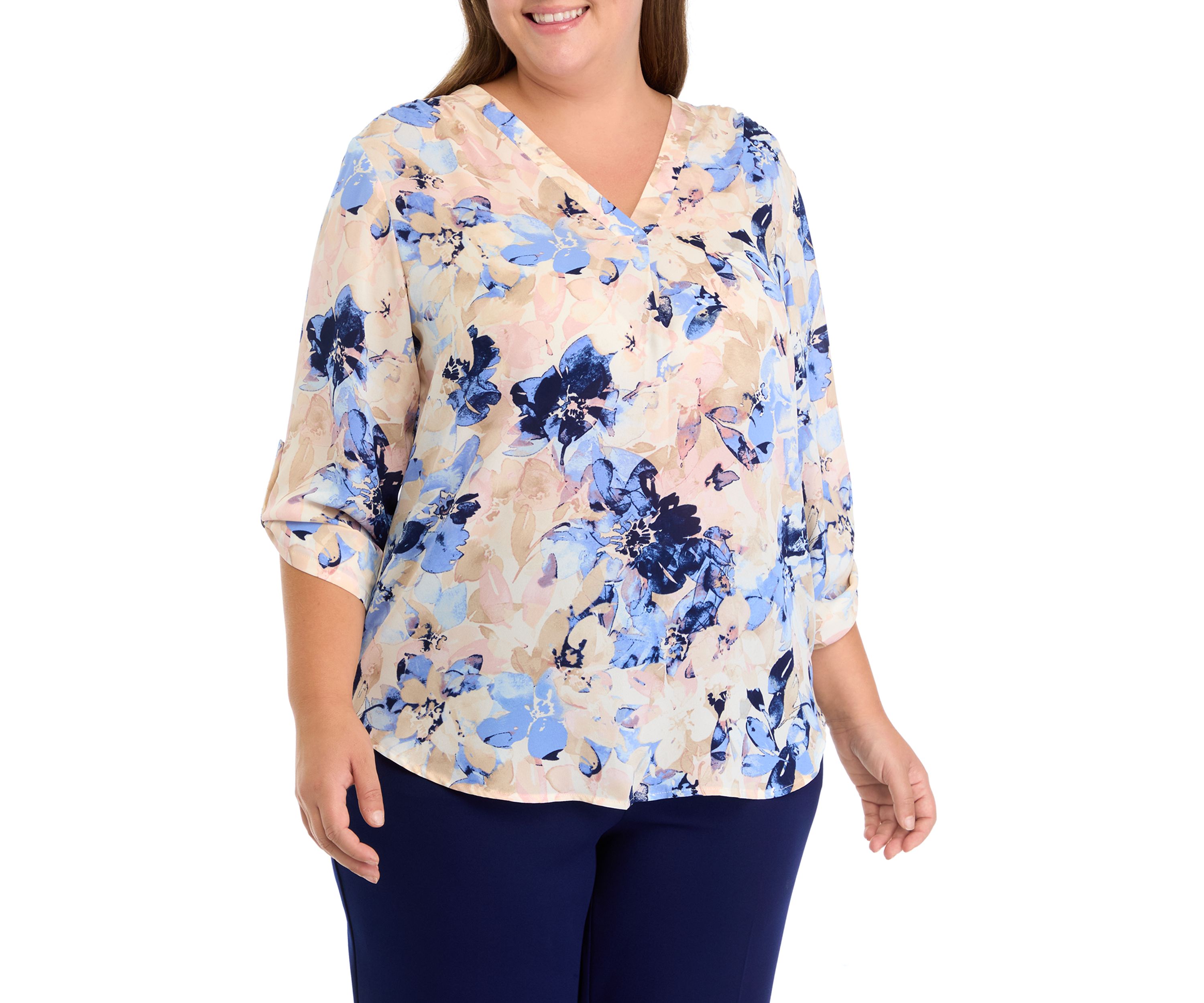Plus Size Long Sleeve V-Neck Pleat Front Tunic 